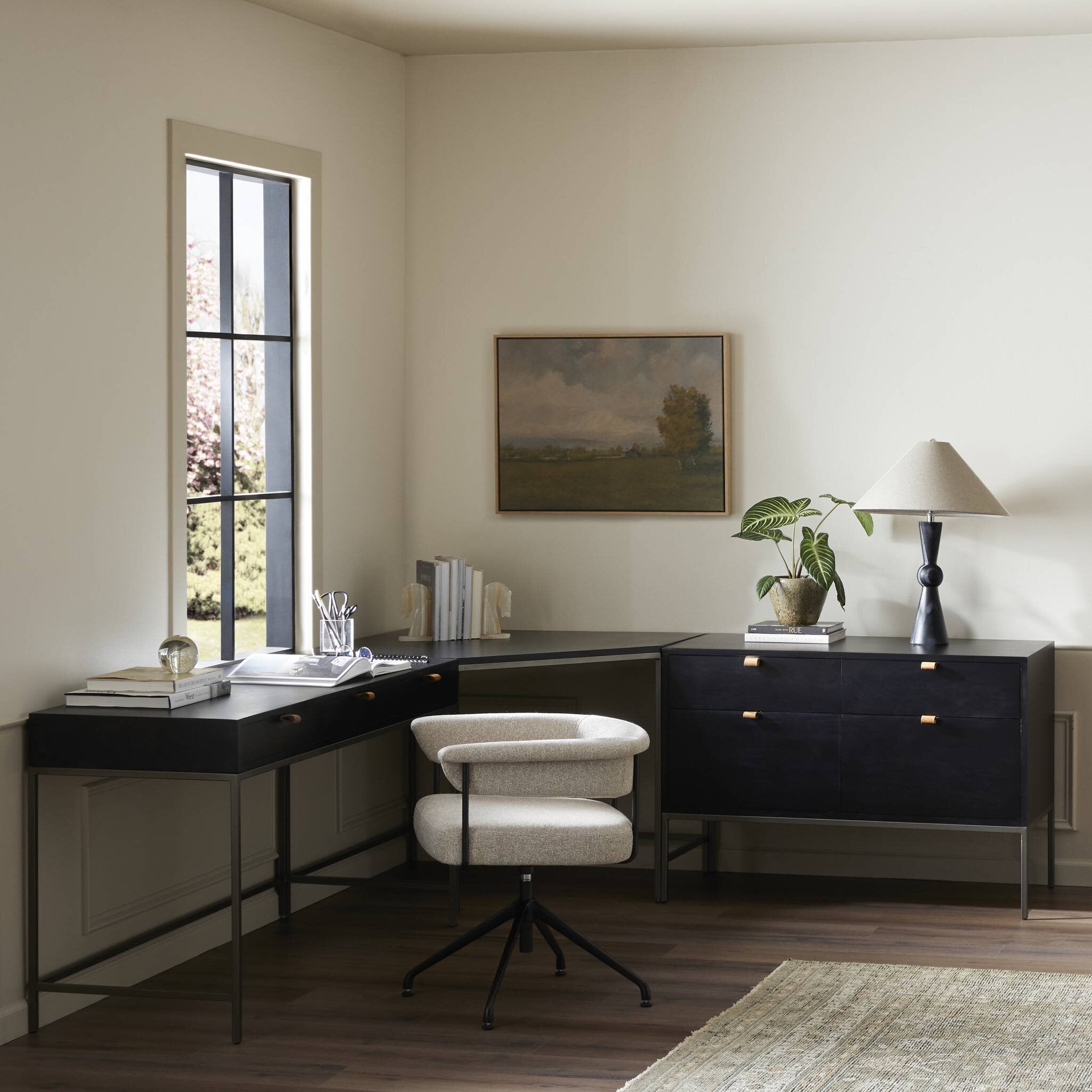 Four Hands Trey Modular Corner Desk — Black Wash Poplar-Natural Iron