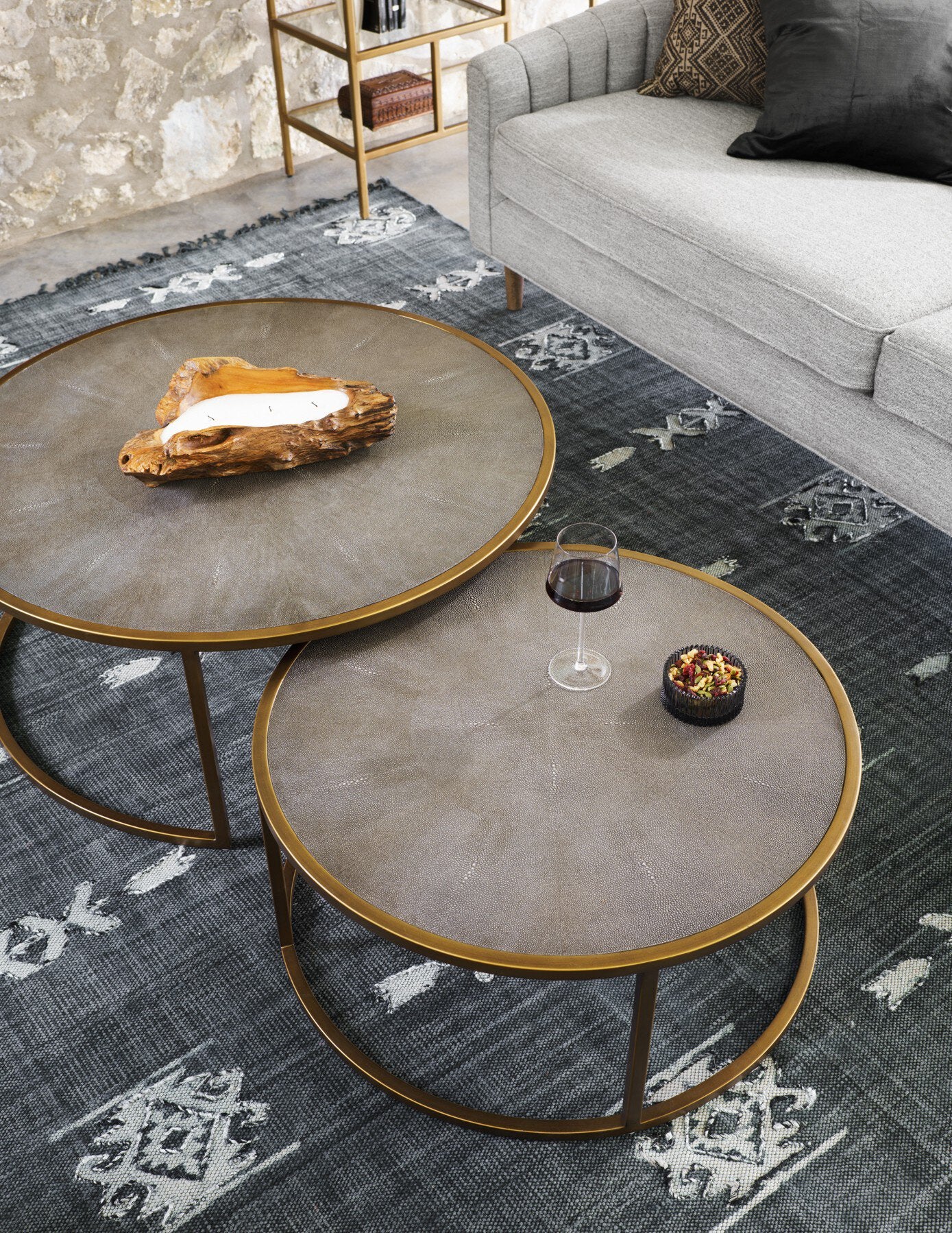 Four Hands Shagreen Nesting Coffee Table — Antique Brass-Grey Shagreen