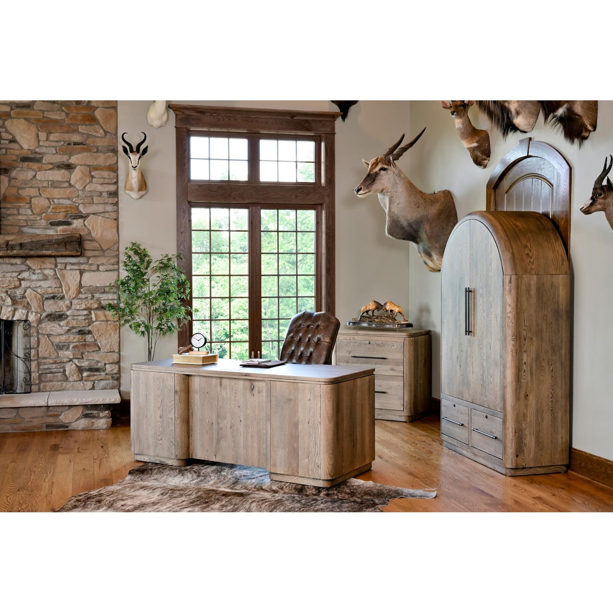 Yutzy Woodworking Rialto Double Pedestal Jr Executive Desk — in a home office with the Rialto file cabinet and bookcase