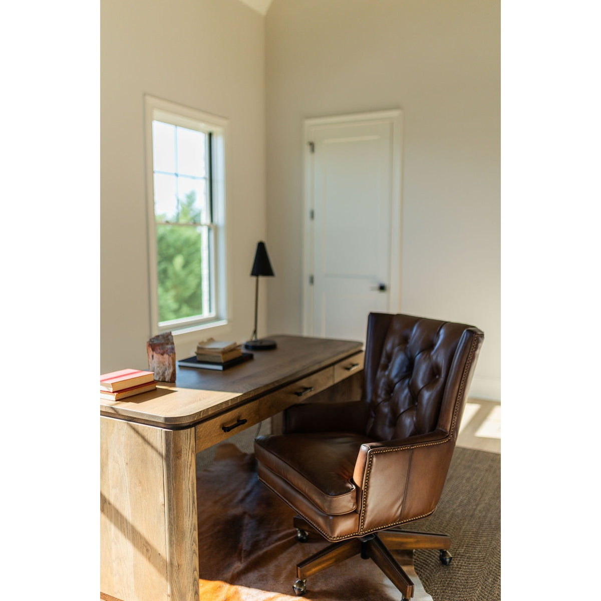 Yutzy Woodworking Rialto Writing Desk — with a tufted leather desk chair