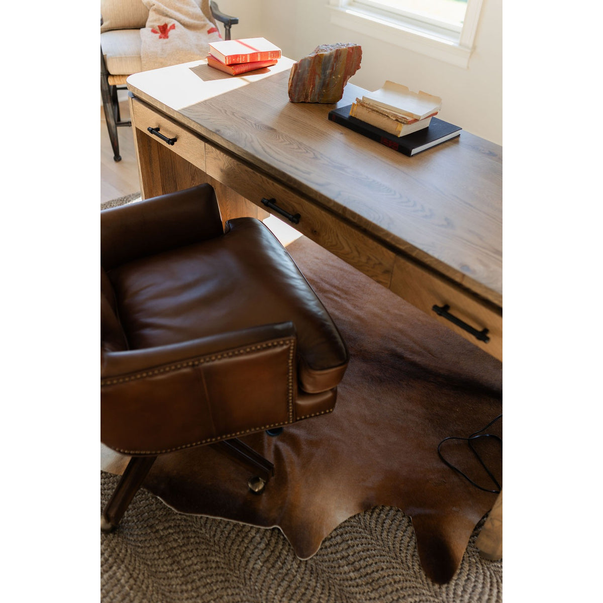 Yutzy Woodworking Rialto Writing Desk — top and drawer pulls