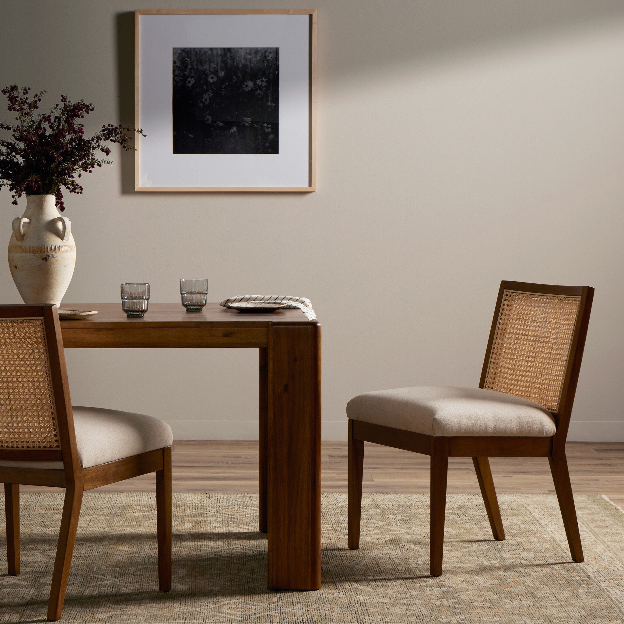 Four Hands Antonia Cane Armless Dining Chair — Toasted Parawood-Savile Flax-Light Natural Cane