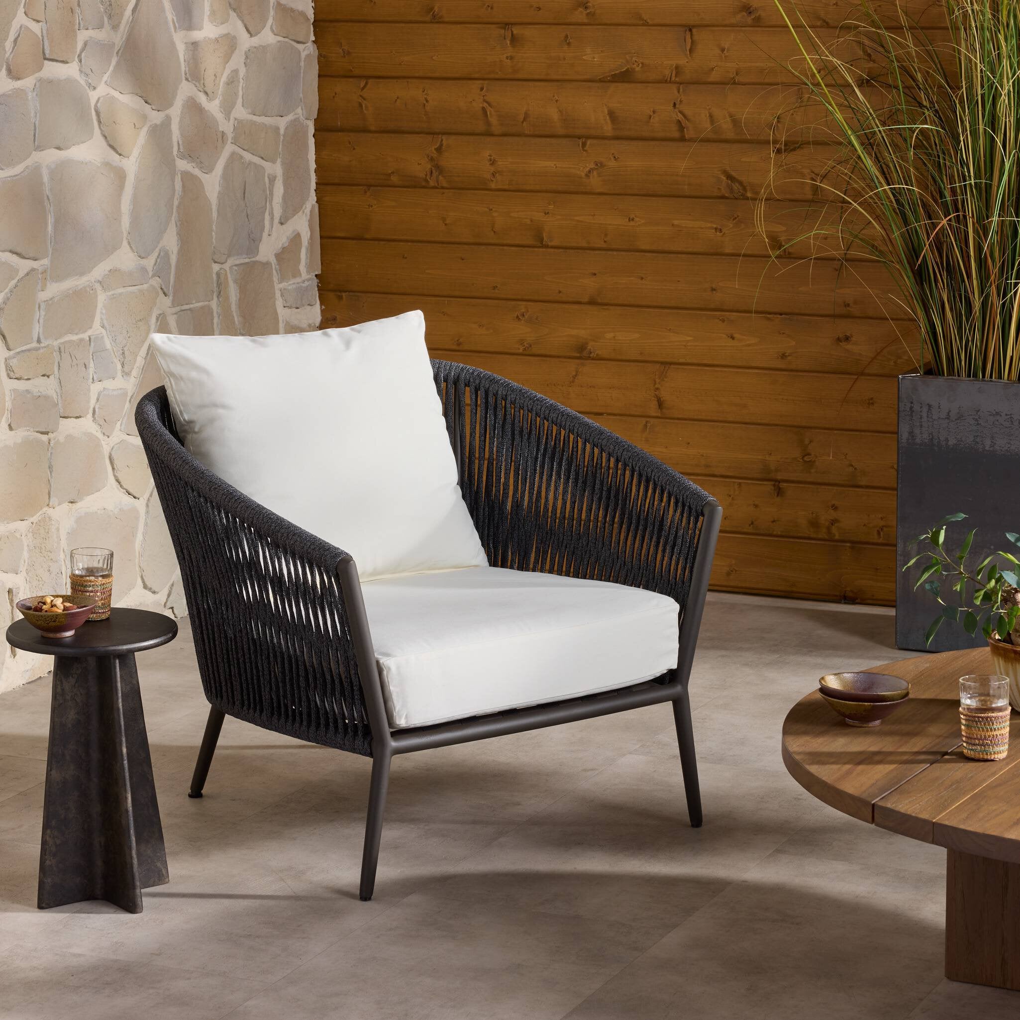 Four Hands Porto Outdoor Chair — Arashi Salt-Bronze-Thick Dark Grey Rope