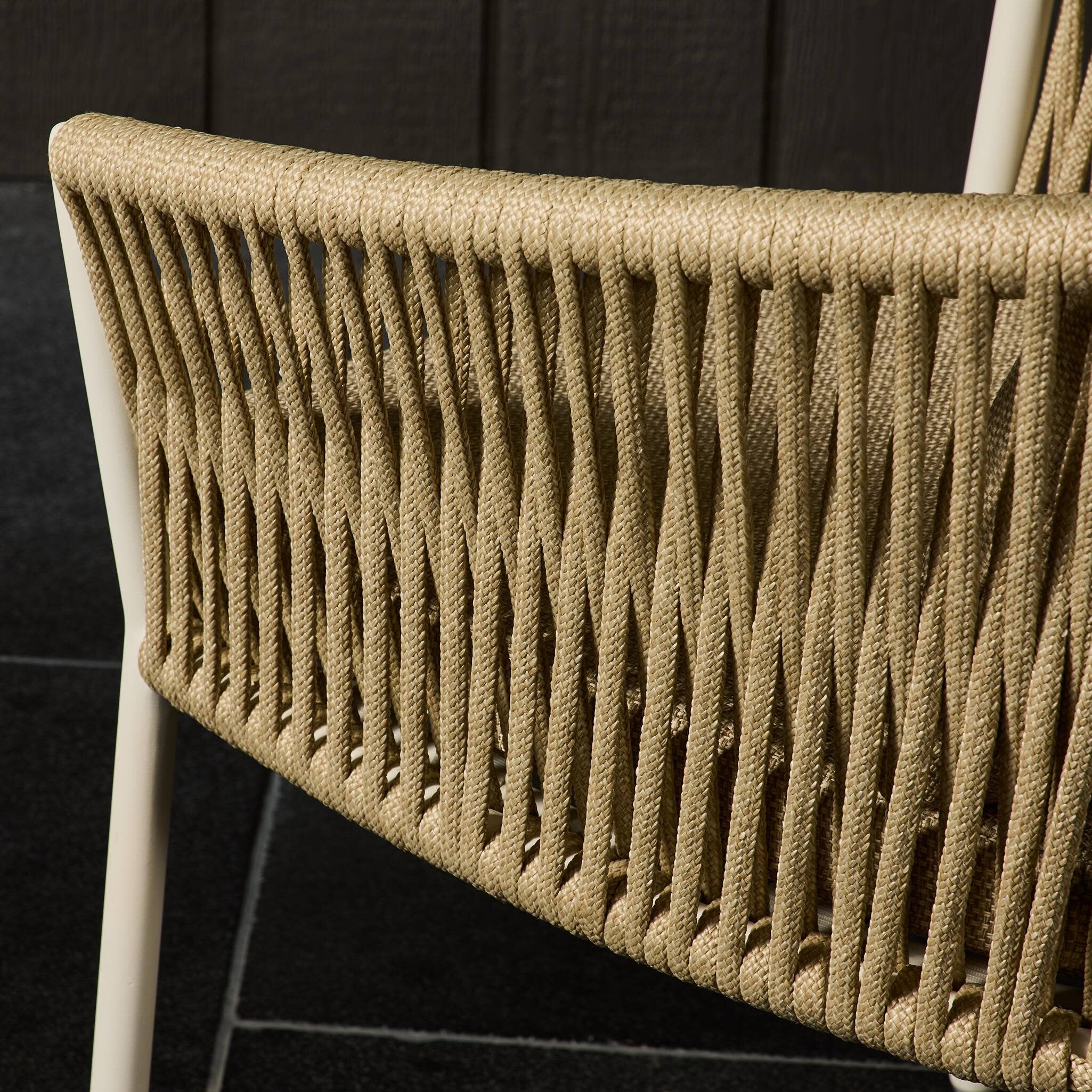 Four Hands Porto Outdoor Dining Chair — White Aluminum-Faye Sand-Ivory Rope