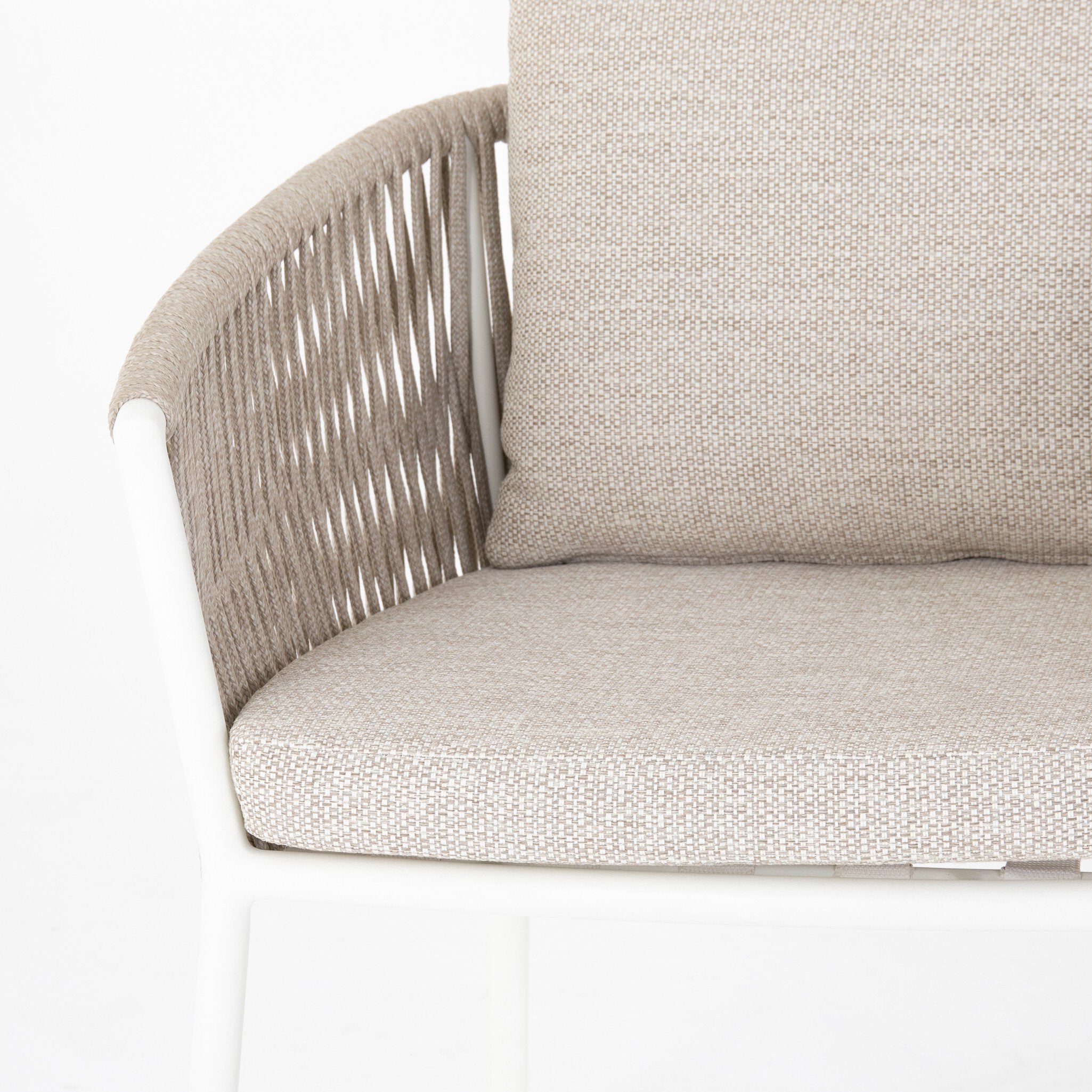 Four Hands Porto Outdoor Dining Chair — White Aluminum-Faye Sand-Ivory Rope
