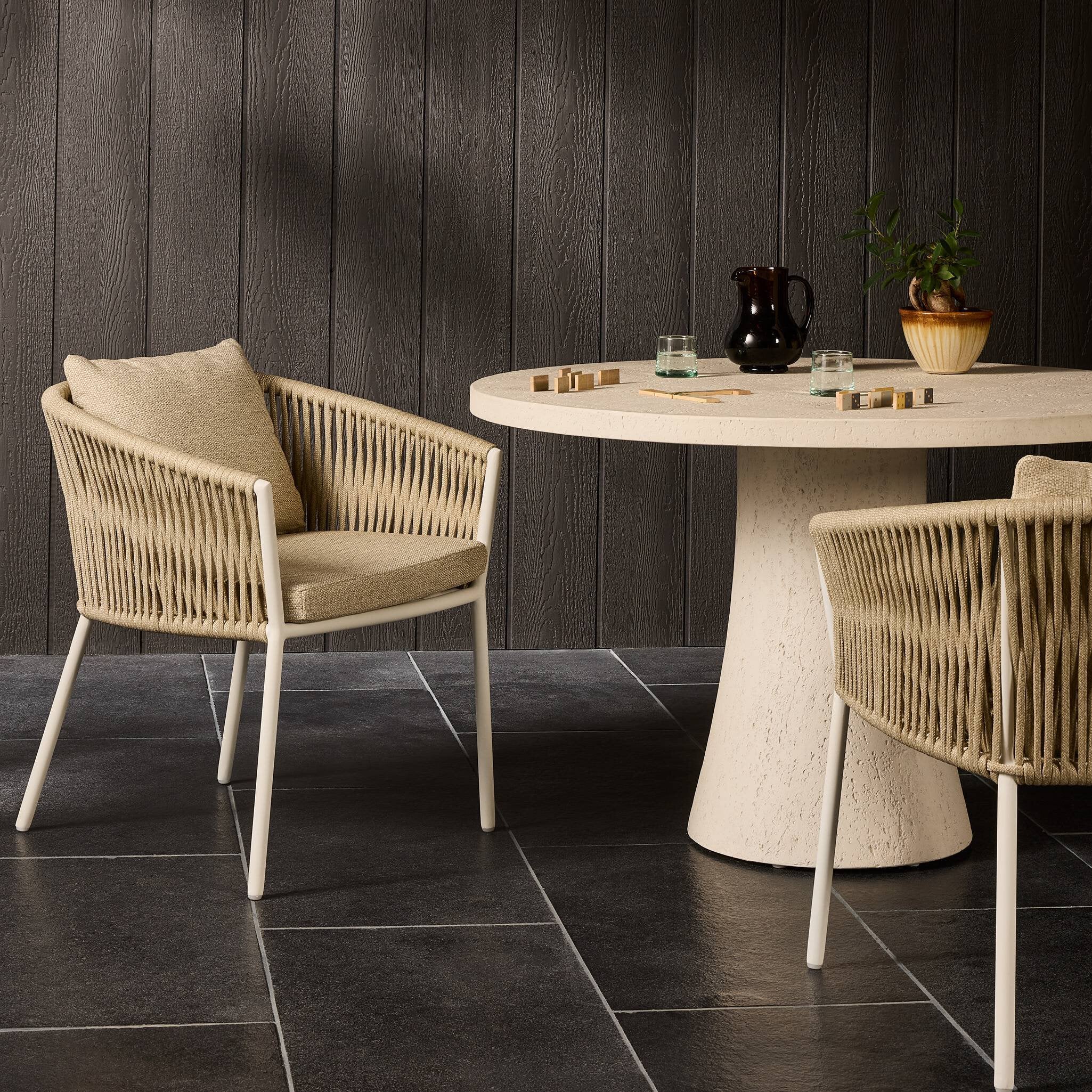 Four Hands Porto Outdoor Dining Chair — White Aluminum-Faye Sand-Ivory Rope