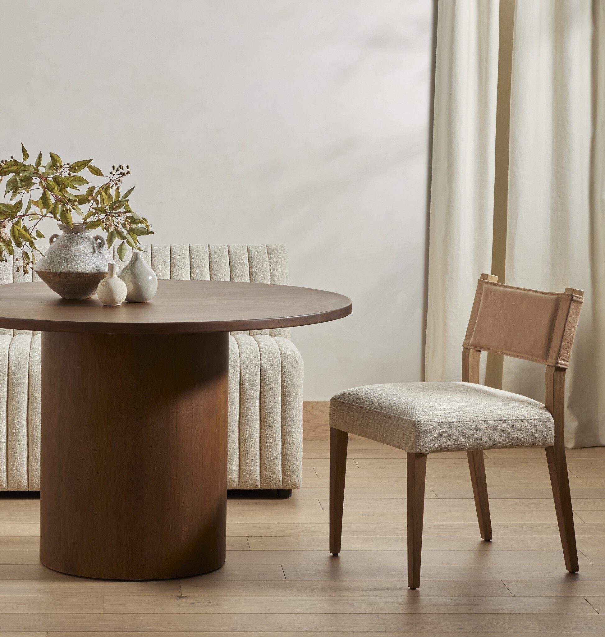 Four Hands Ferris Dining Chair — Winchester Beige-Thames Cream-Burnished Parawood