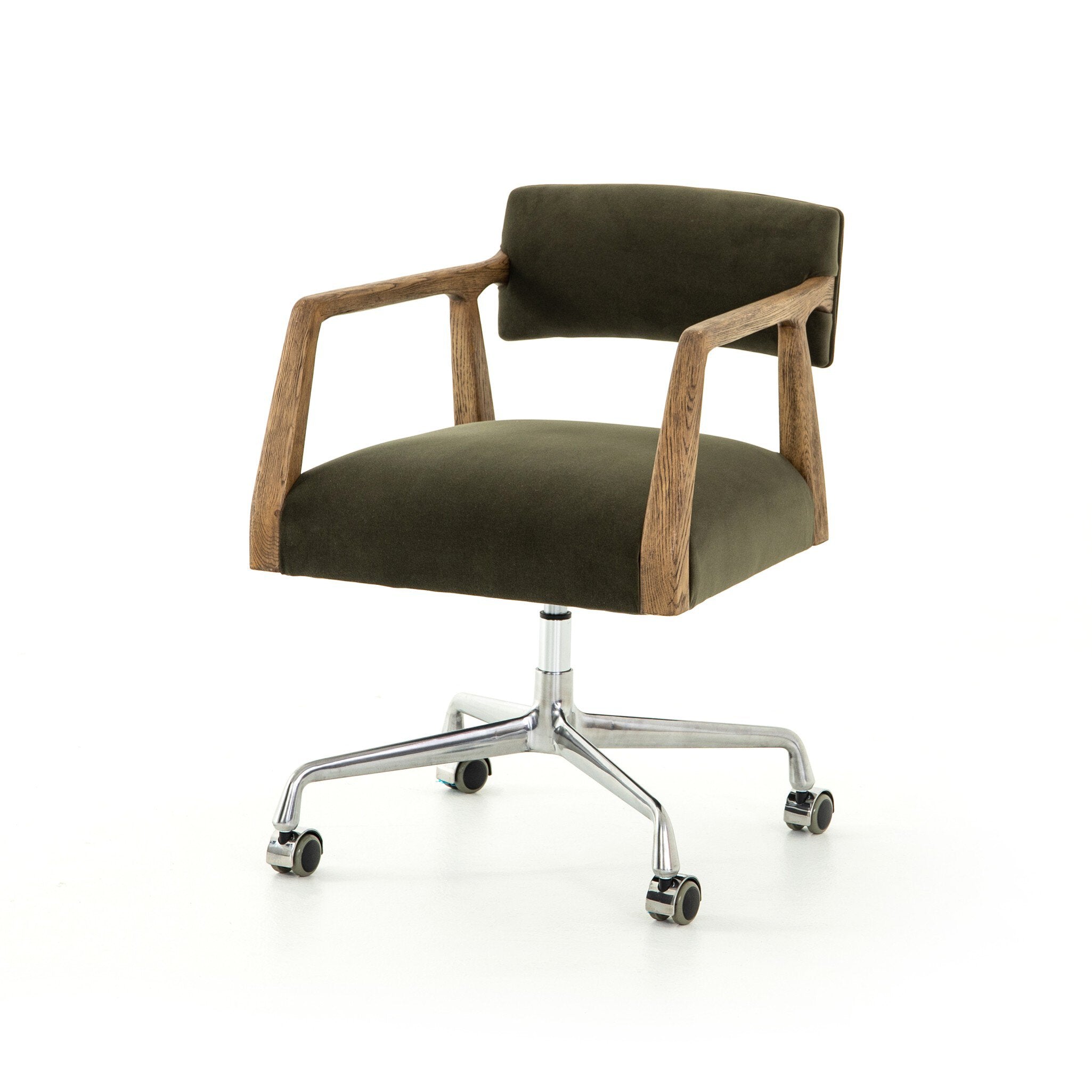 Four Hands Tyler Desk Chair — Modern Velvet Loden-Distressed Oak-Stainless Steel