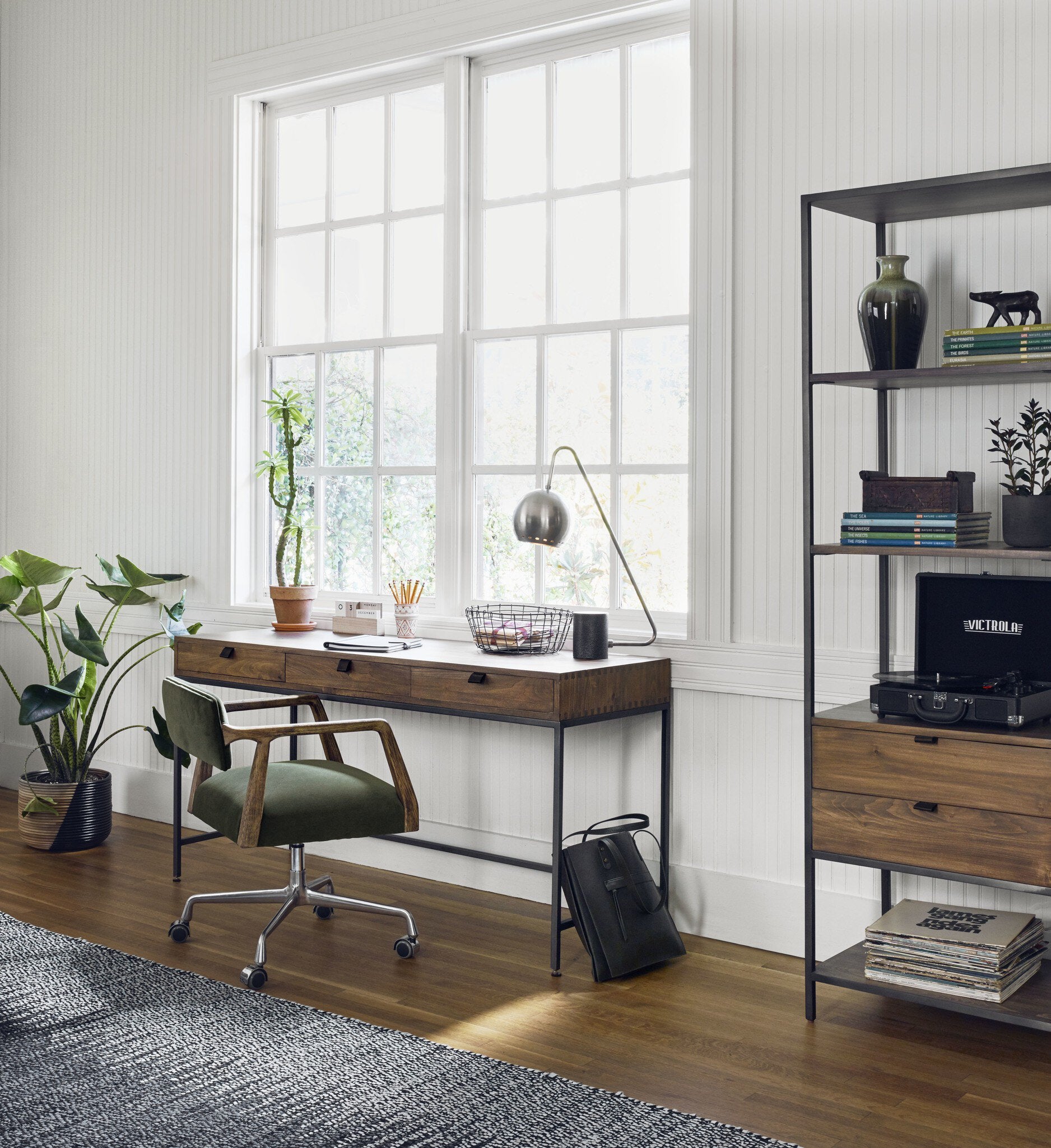 Four Hands Tyler Desk Chair — Modern Velvet Loden-Distressed Oak-Stainless Steel