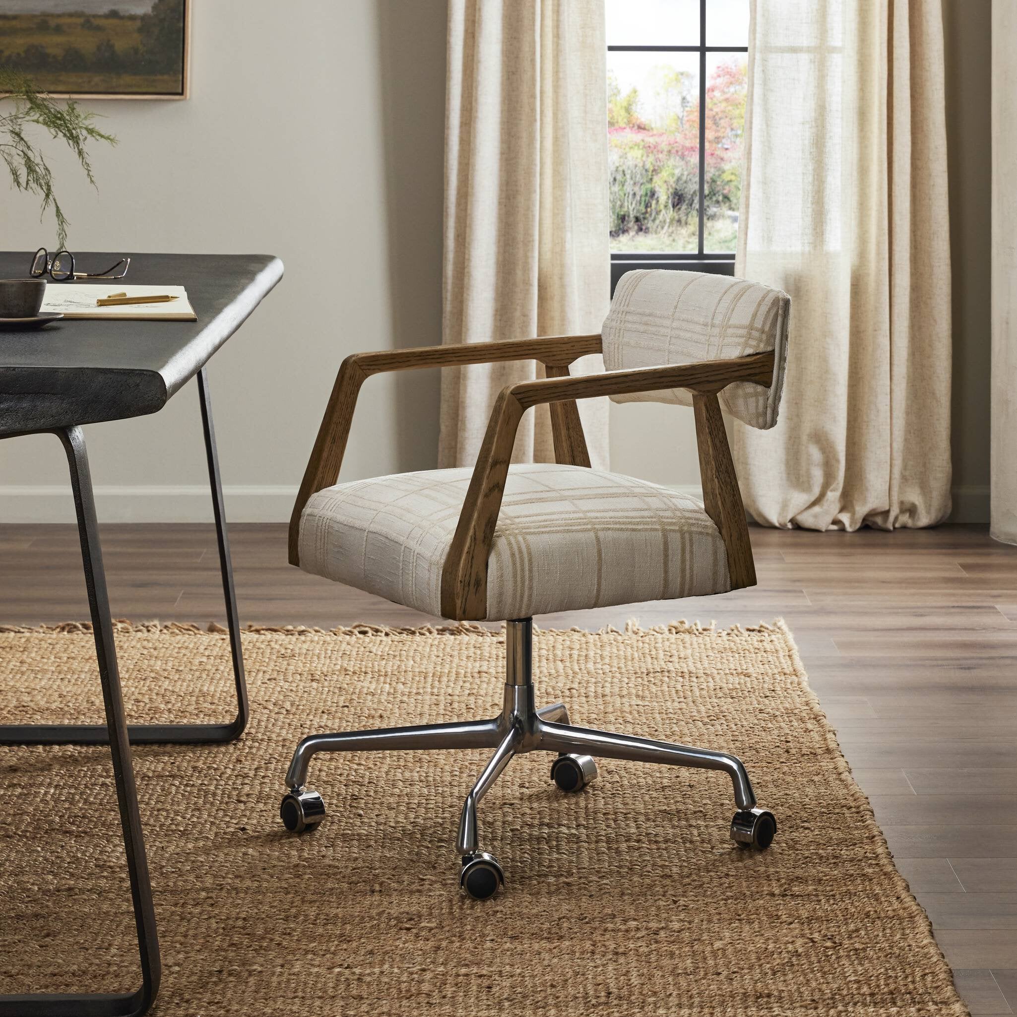 Four Hands Tyler Desk Chair — Sheffield Ivory-Distressed Oak-Stainless Steel