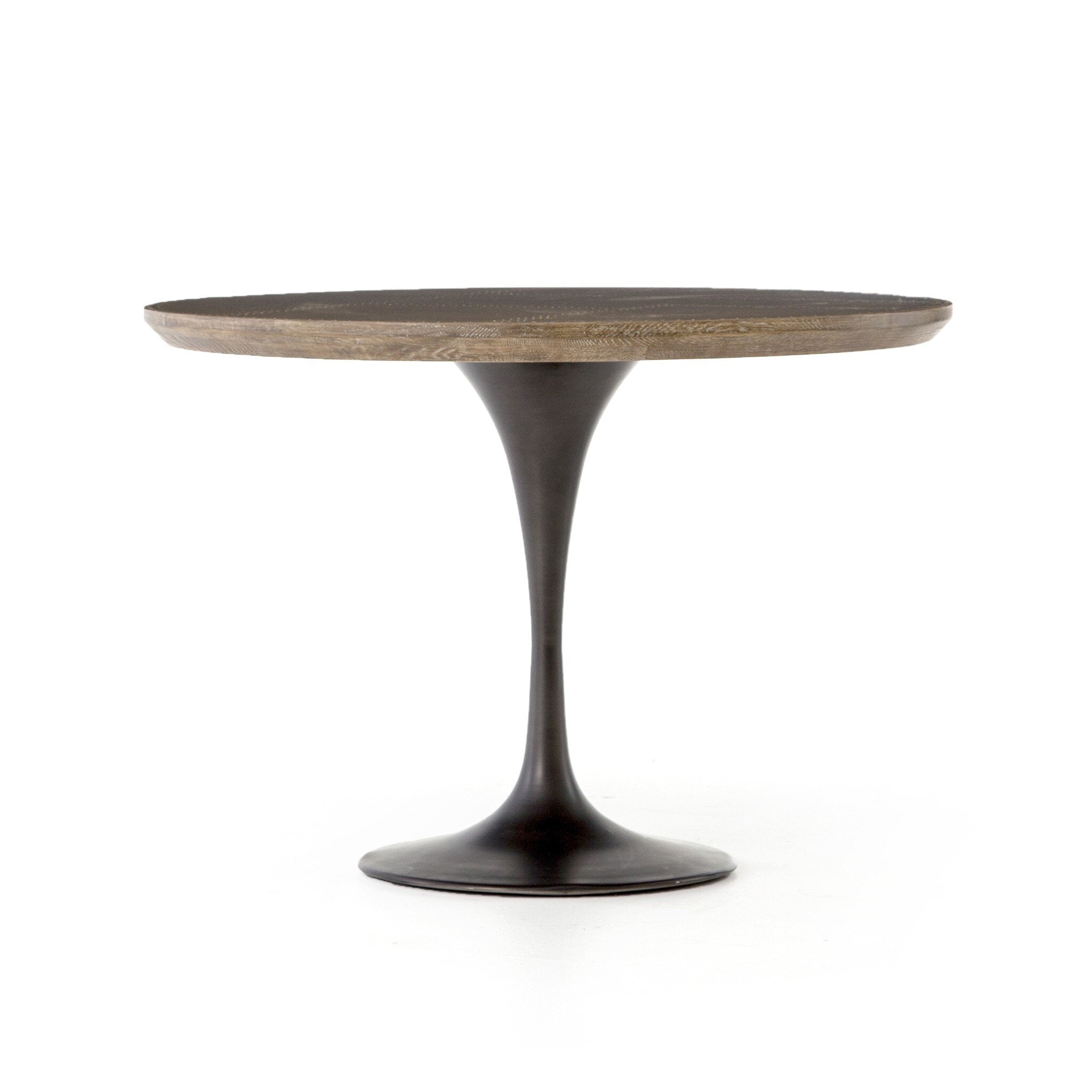 Four Hands Powell Dining Table — Bright Brass Clad-Light Burnt Oak-Dark Rustic Black
