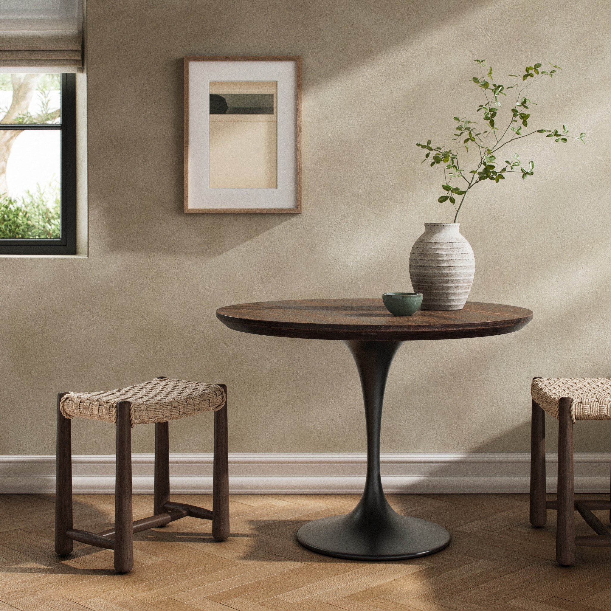 Four Hands Powell Dining Table — English Brown Oak Veneer-English Brown Oak-Dark Rustic Black