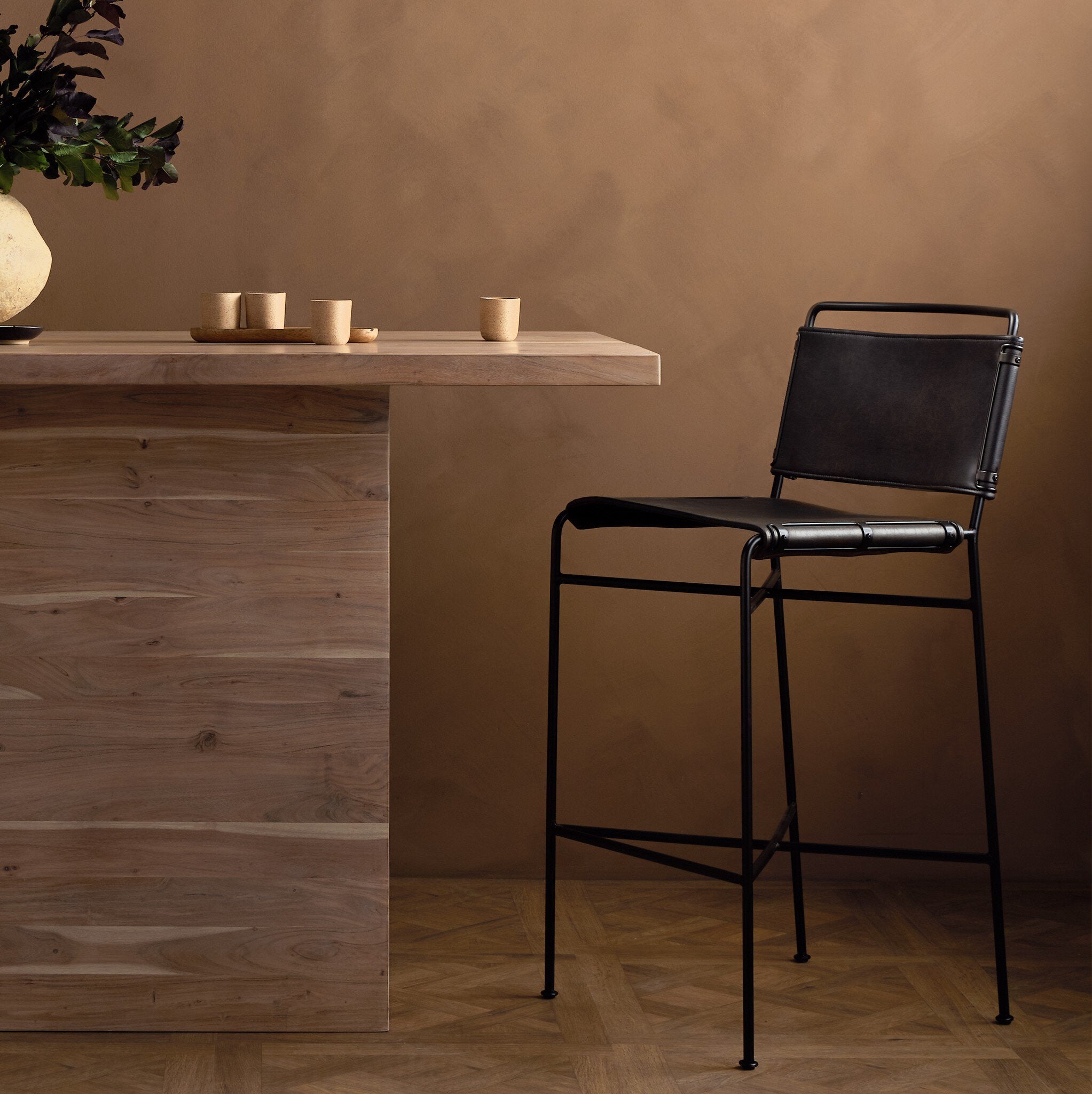 Four Hands Wharton Bar + Counter Stool — Distressed Black-Waxed Black-Bar