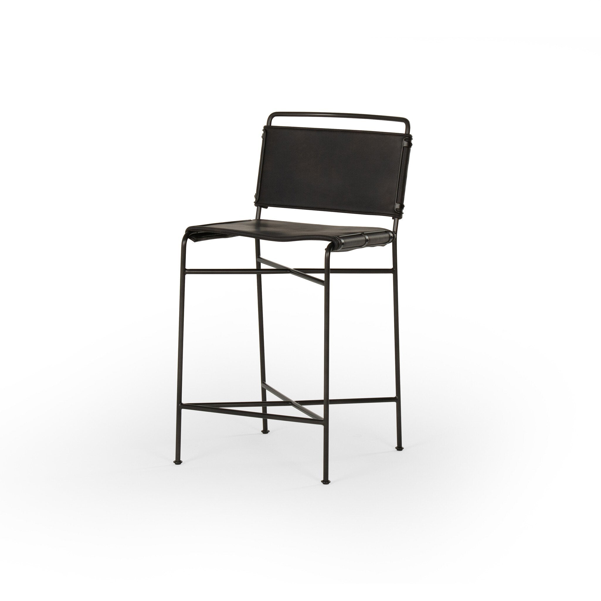 Four Hands Wharton Bar + Counter Stool — Distressed Black-Waxed Black-Counter