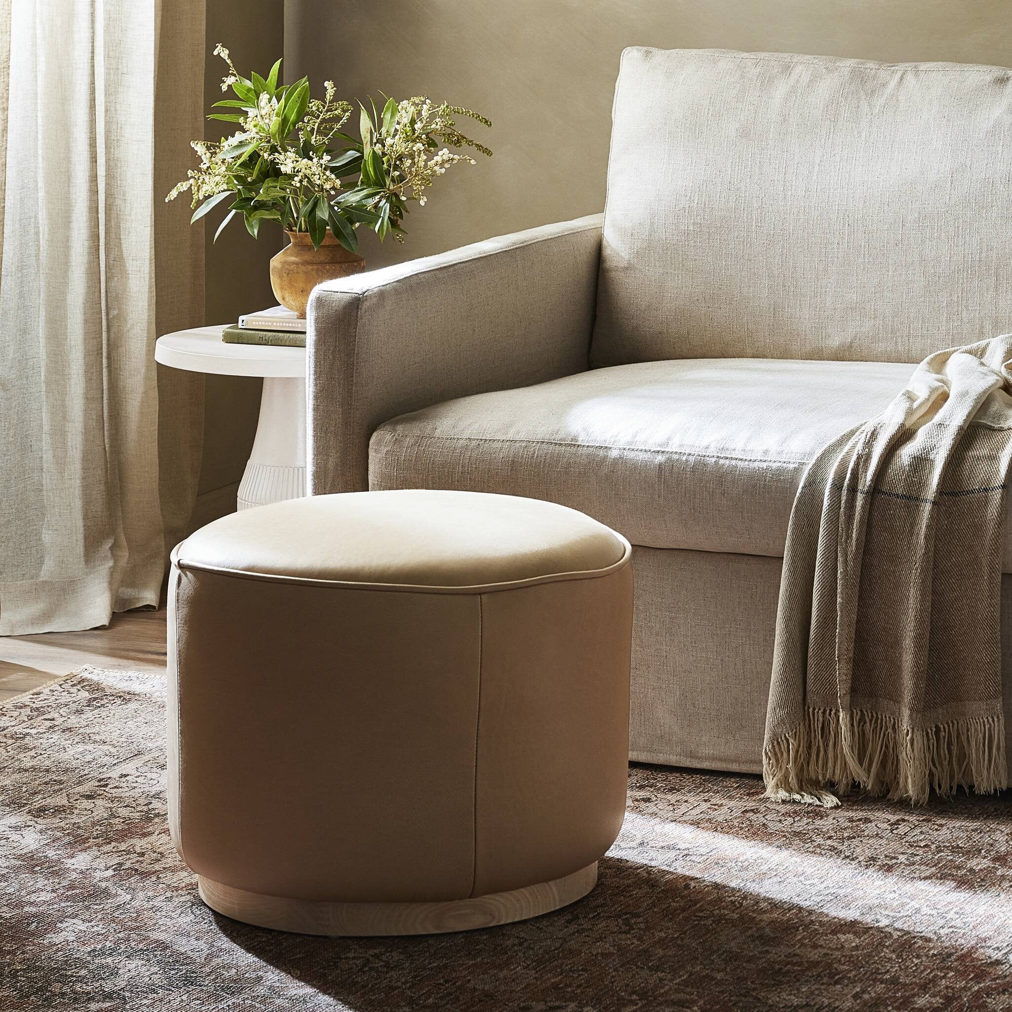 Four Hands Sinclair Round Ottoman — Harness Burlap-Natural Whitewash Ash