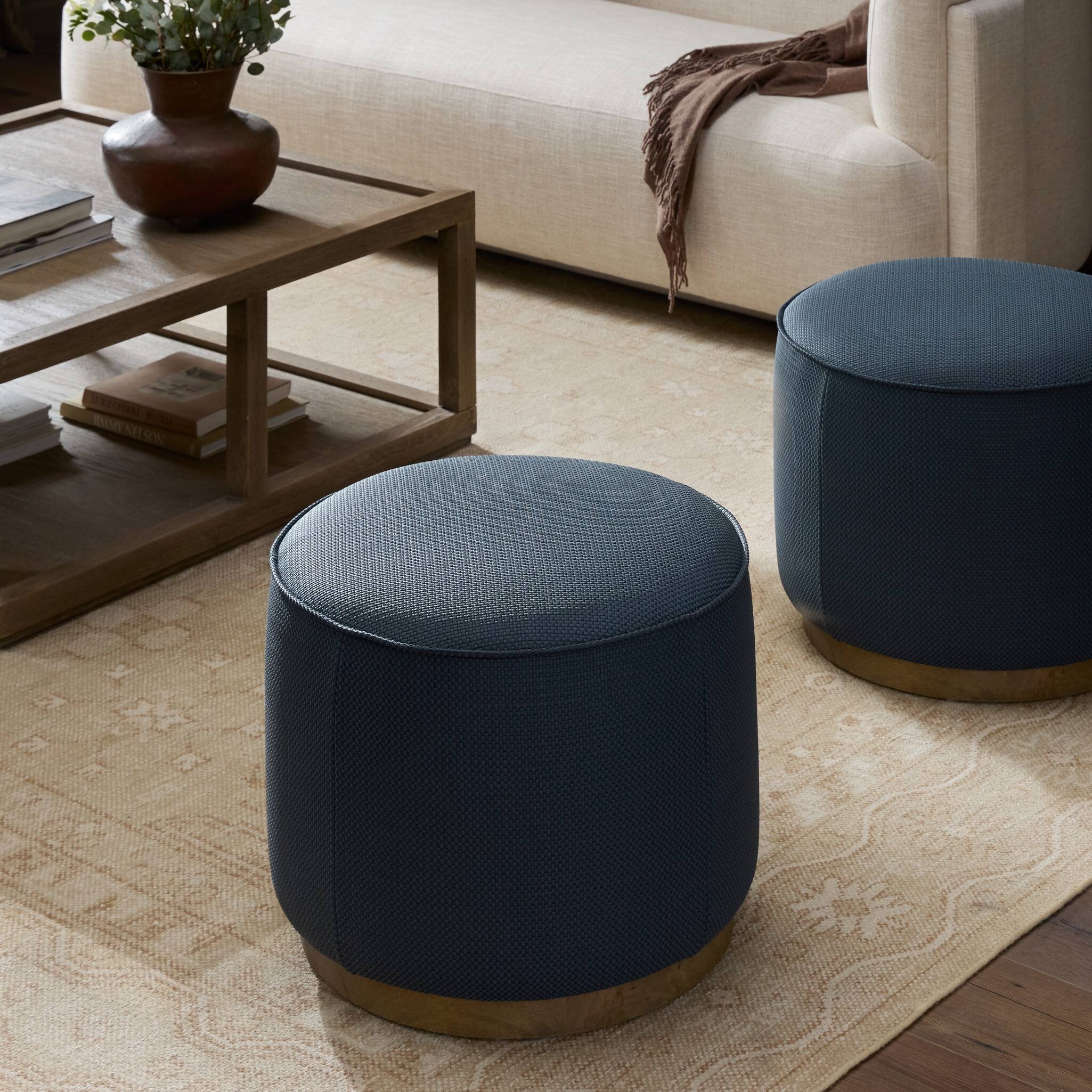 Four Hands Sinclair Round Ottoman — Fresno Cobalt-Distressed Natural