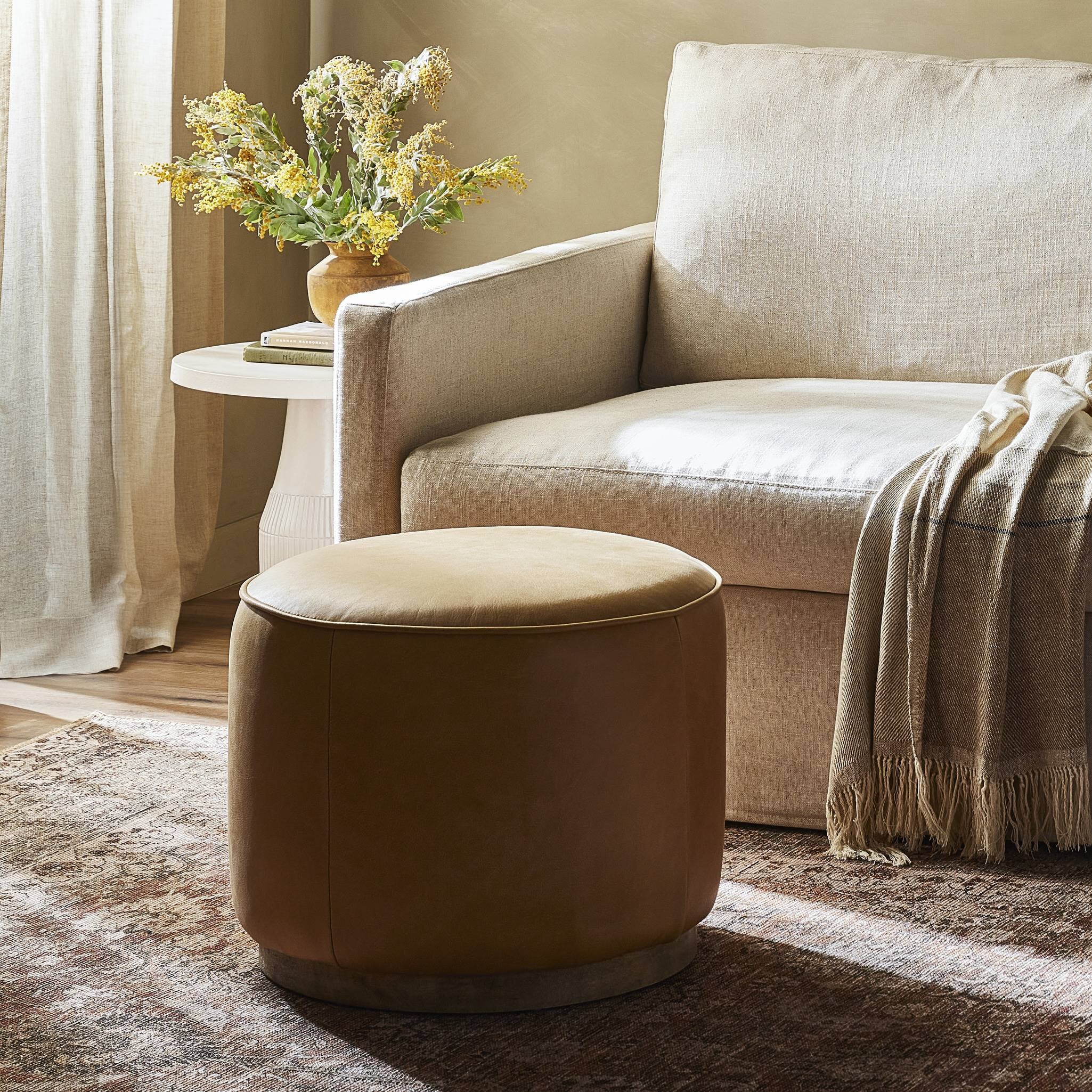 Four Hands Sinclair Round Ottoman — Palermo Butterscotch-Distressed Natural
