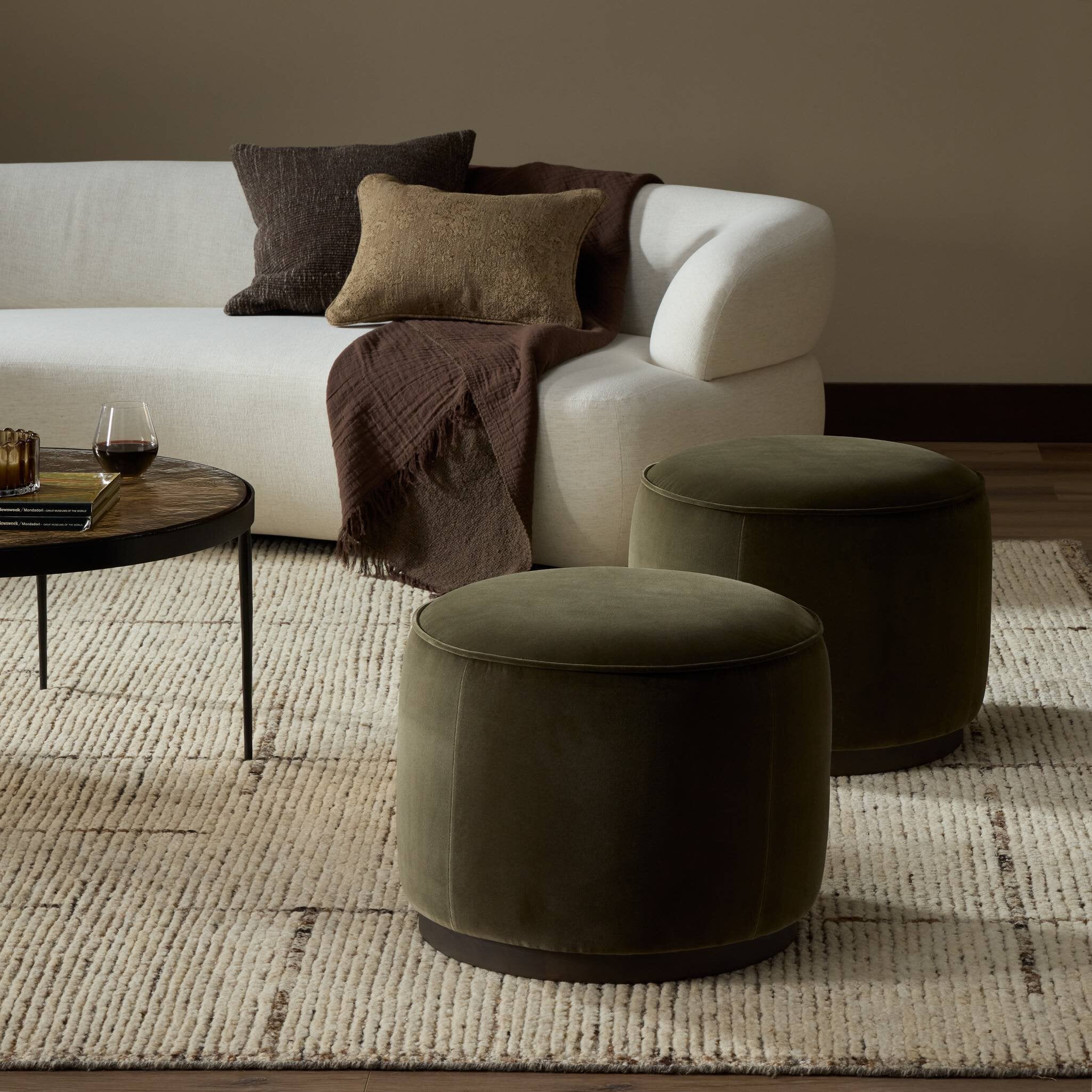 Four Hands Sinclair Round Ottoman — Surrey Olive-Sienna Brown