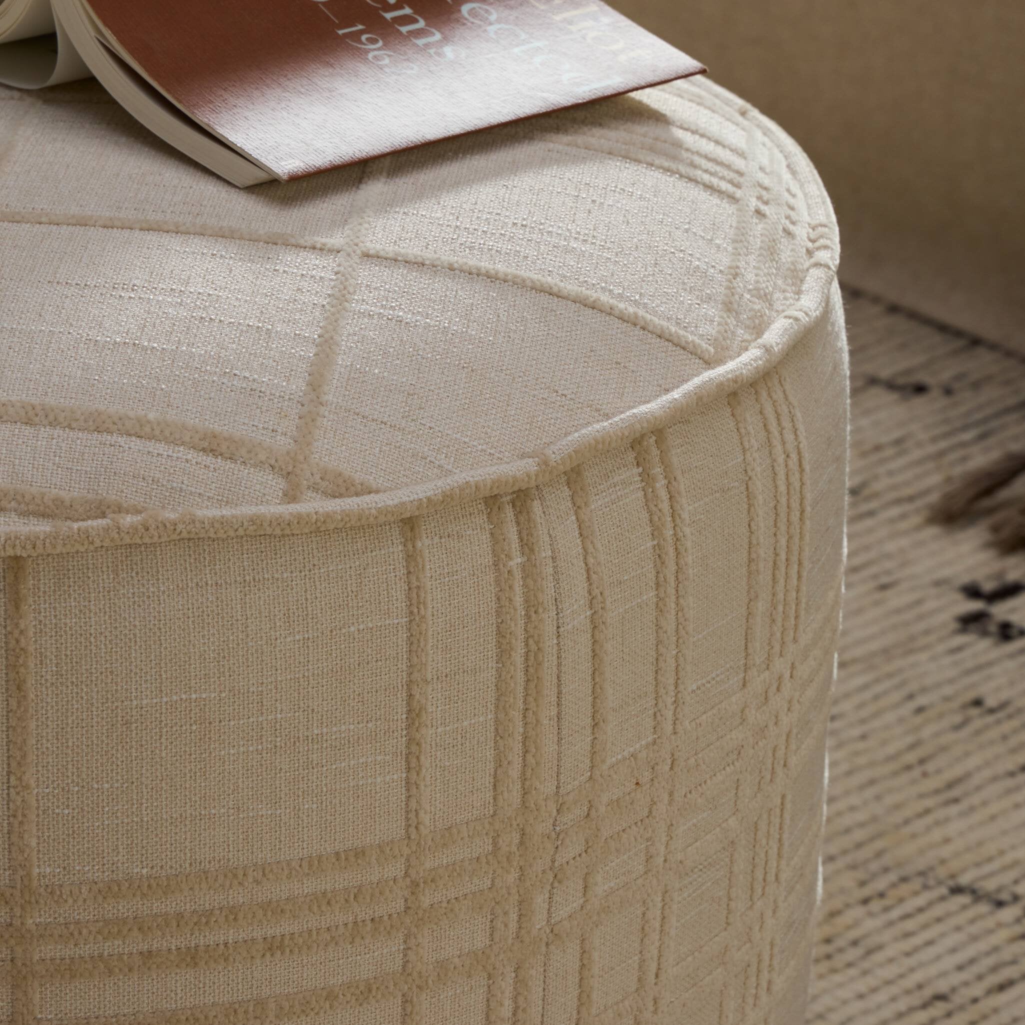 Four Hands Sinclair Round Ottoman — Sheffield Ivory-Sienna Brown