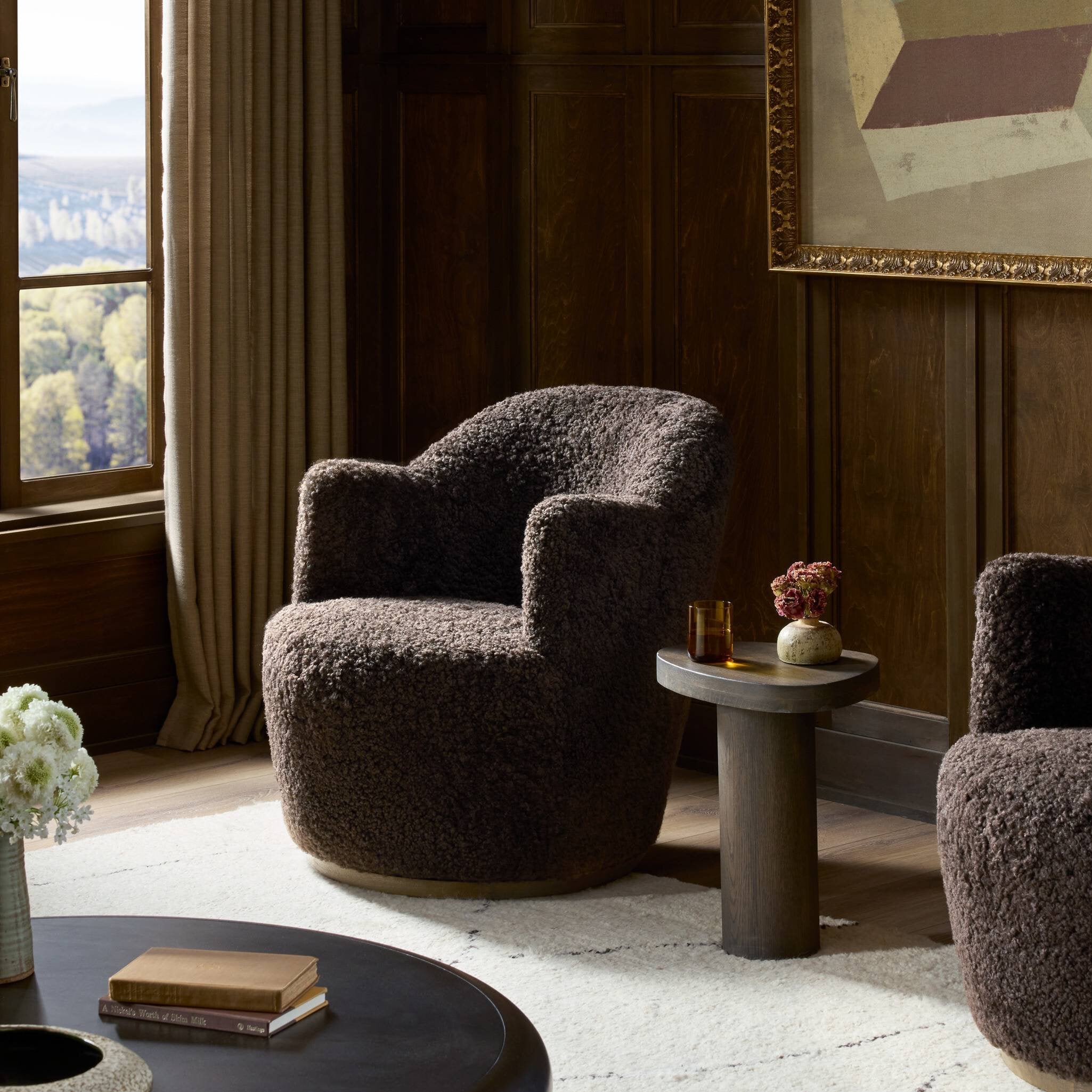 Four Hands Aurora Swivel Chair — Cocoa Shearling-Distressed Natural