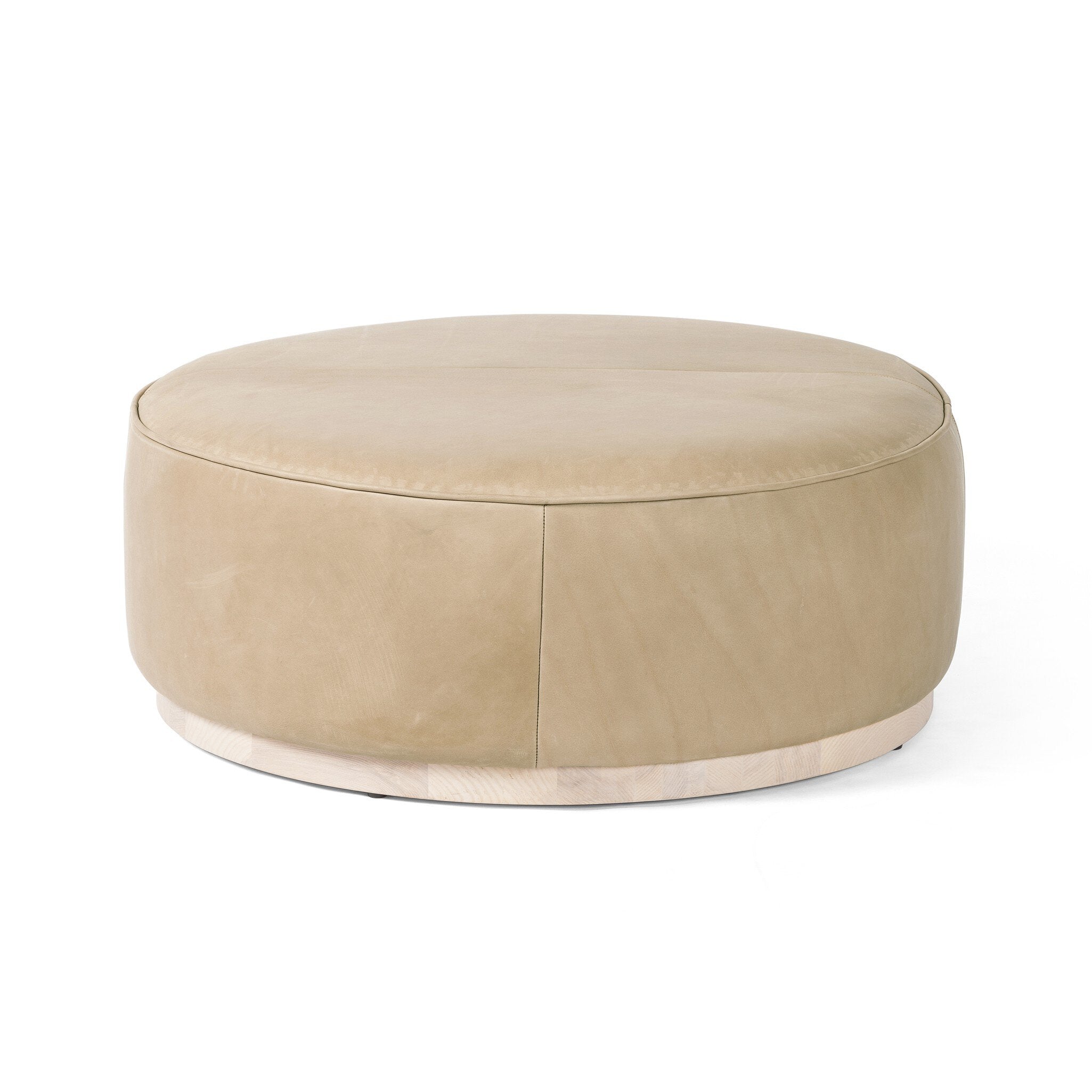 Four Hands Sinclair Large Round Ottoman — Harness Burlap-Natural Whitewash Ash