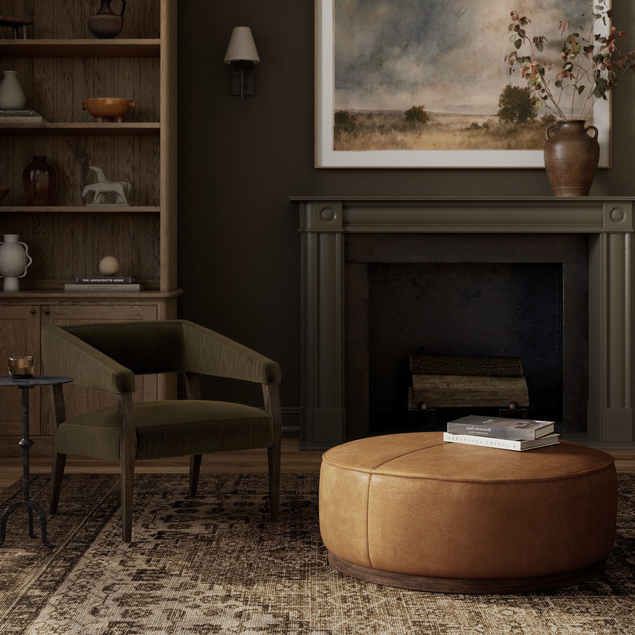 Four Hands Sinclair Large Round Ottoman — Palermo Butterscotch-Distressed Natural