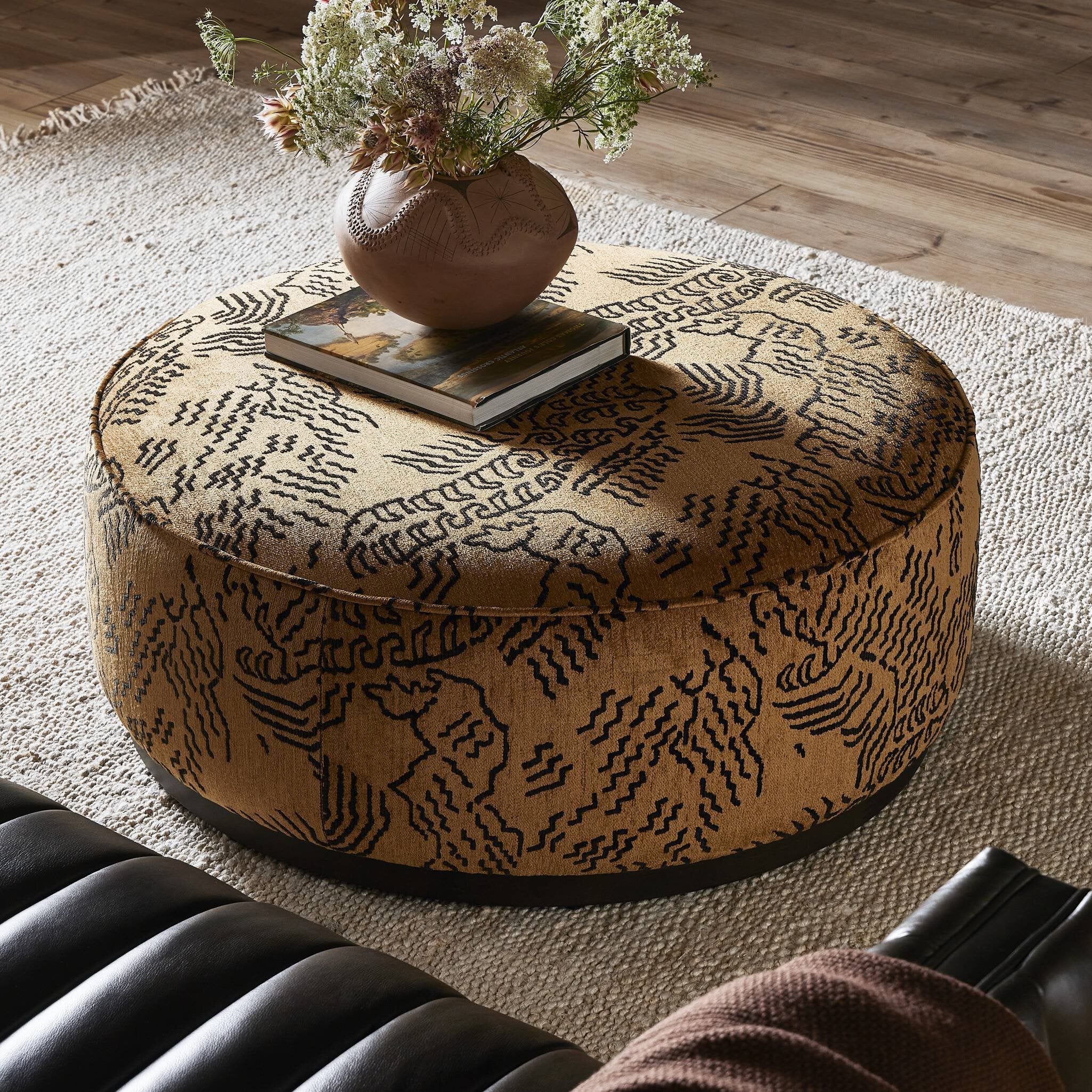 Four Hands Sinclair Large Round Ottoman — Balkan Ochre-Sienna Brown