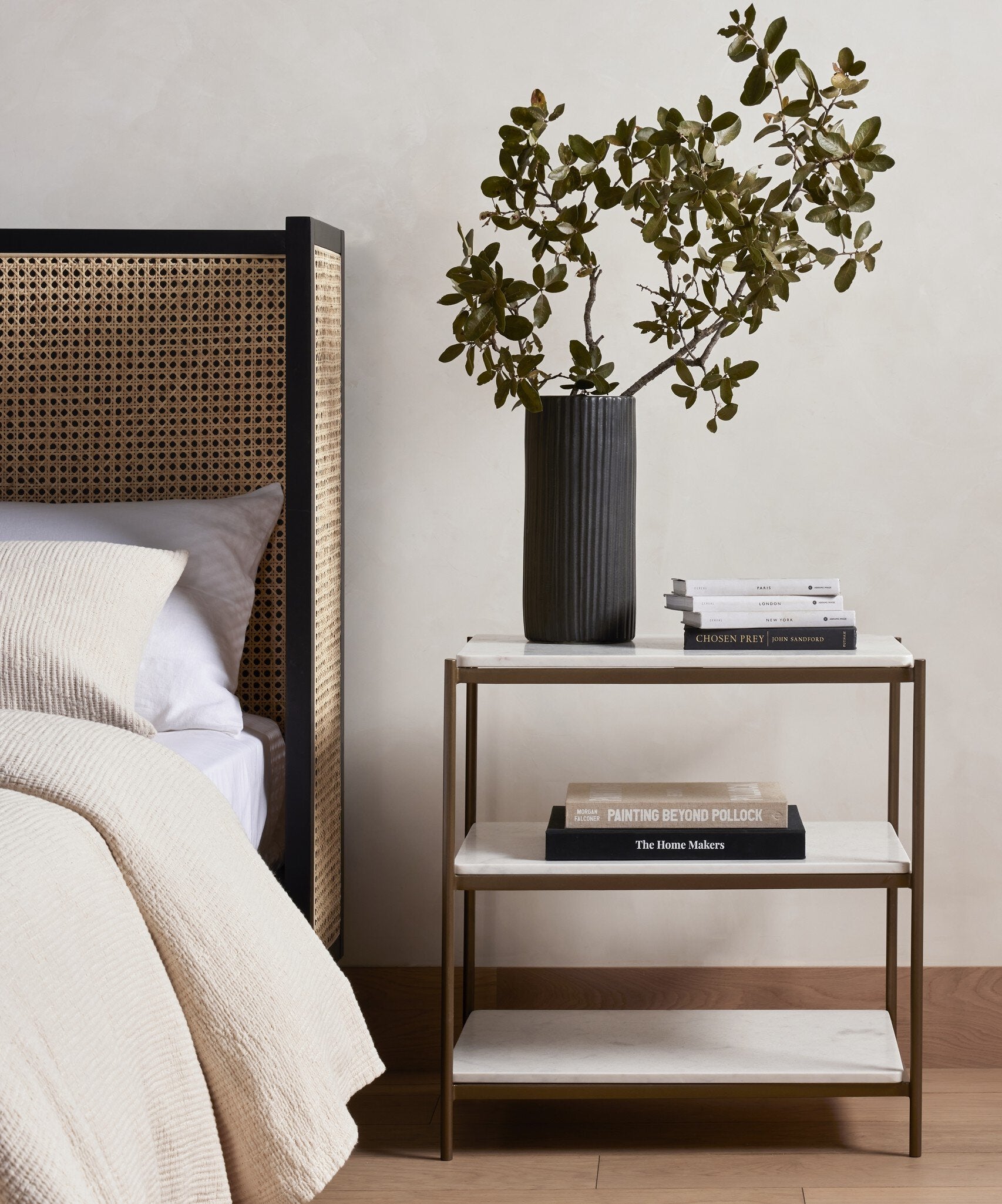 Four Hands Felix Nightstand — Antique Brass-Polished White Marble
