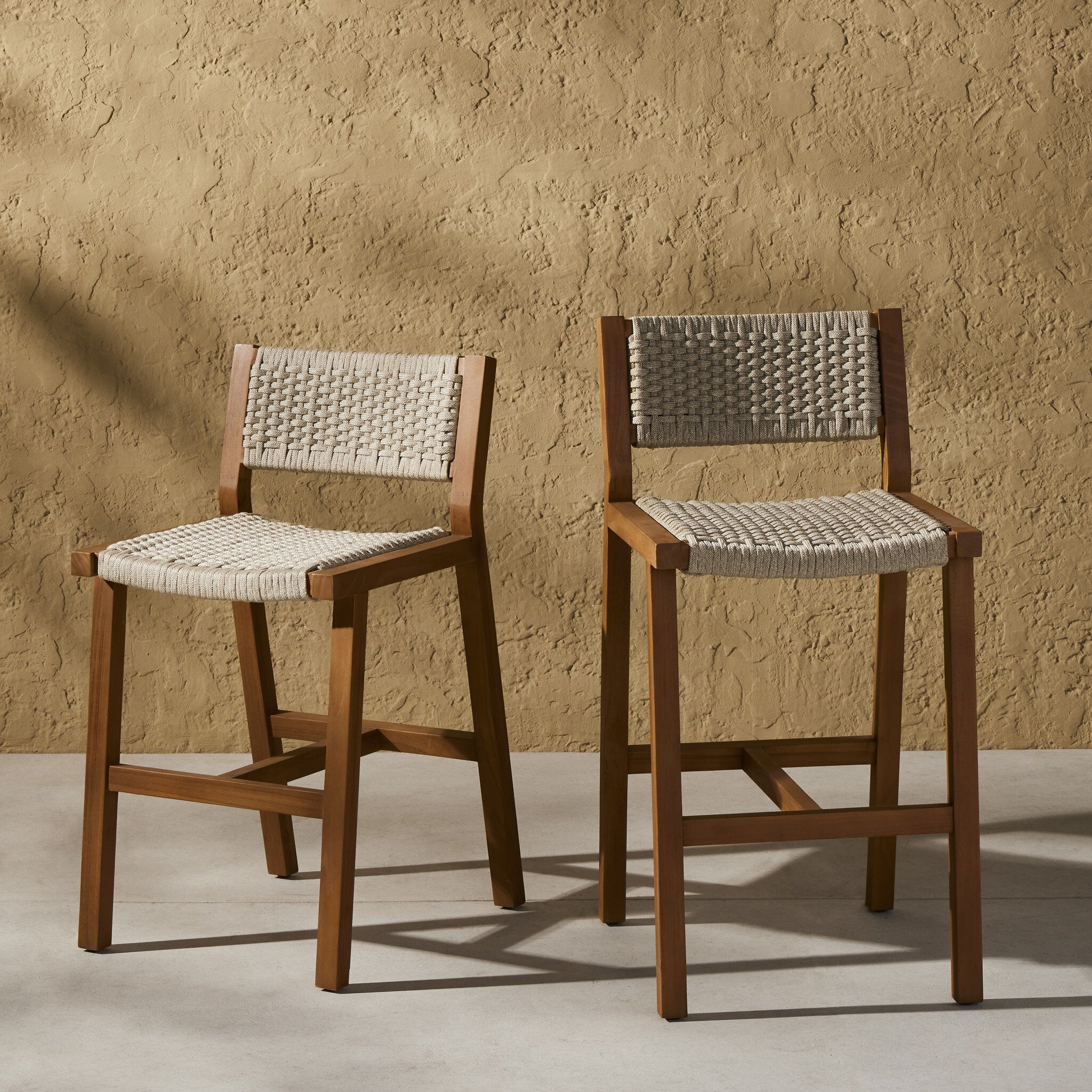 Four Hands Delano Outdoor Bar + Counter Stool — Natural Teak-FSC-Ivory Rope-Counter
