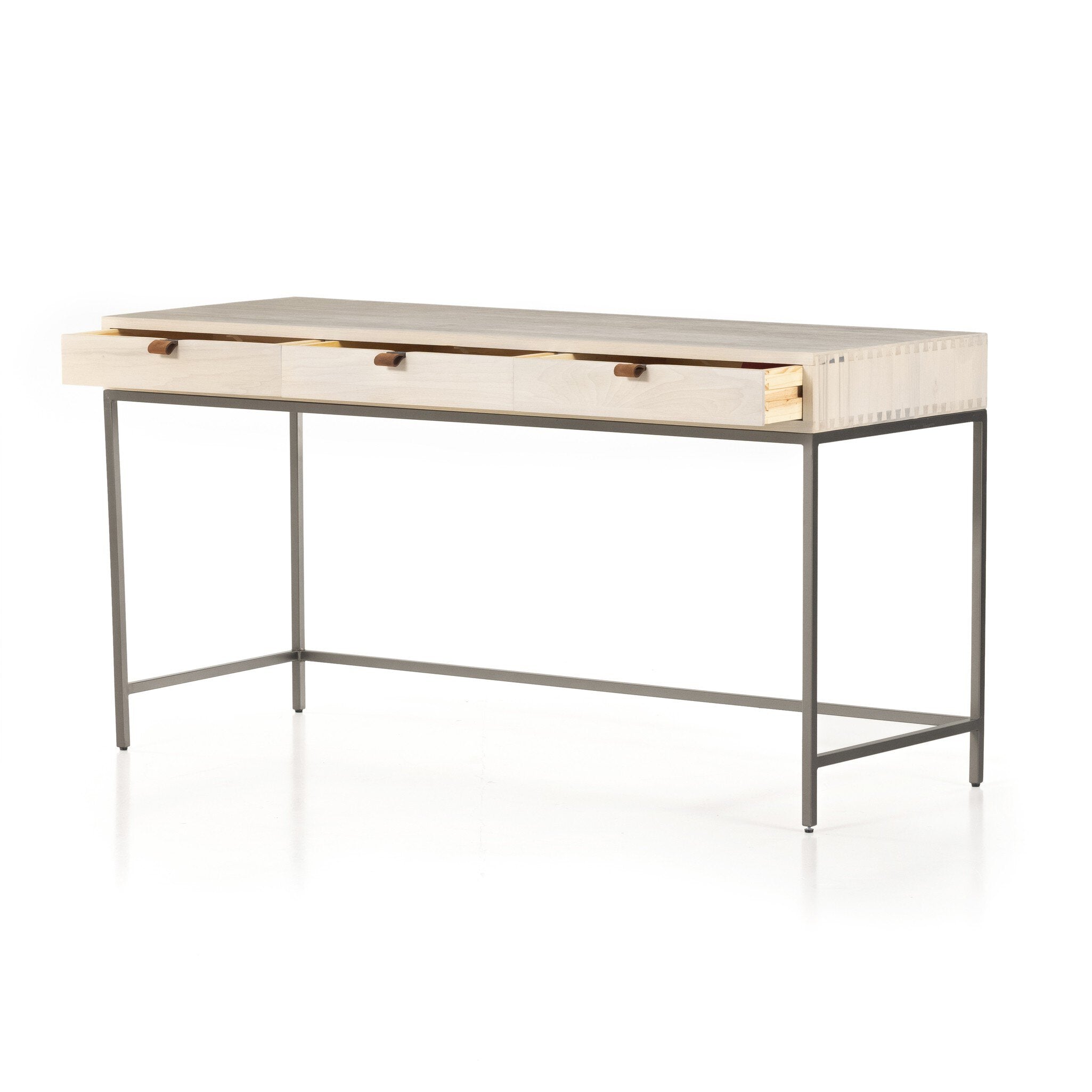 Four Hands Trey Modular Writing Desk — Dove Poplar-Natural Iron-Toffee Leather