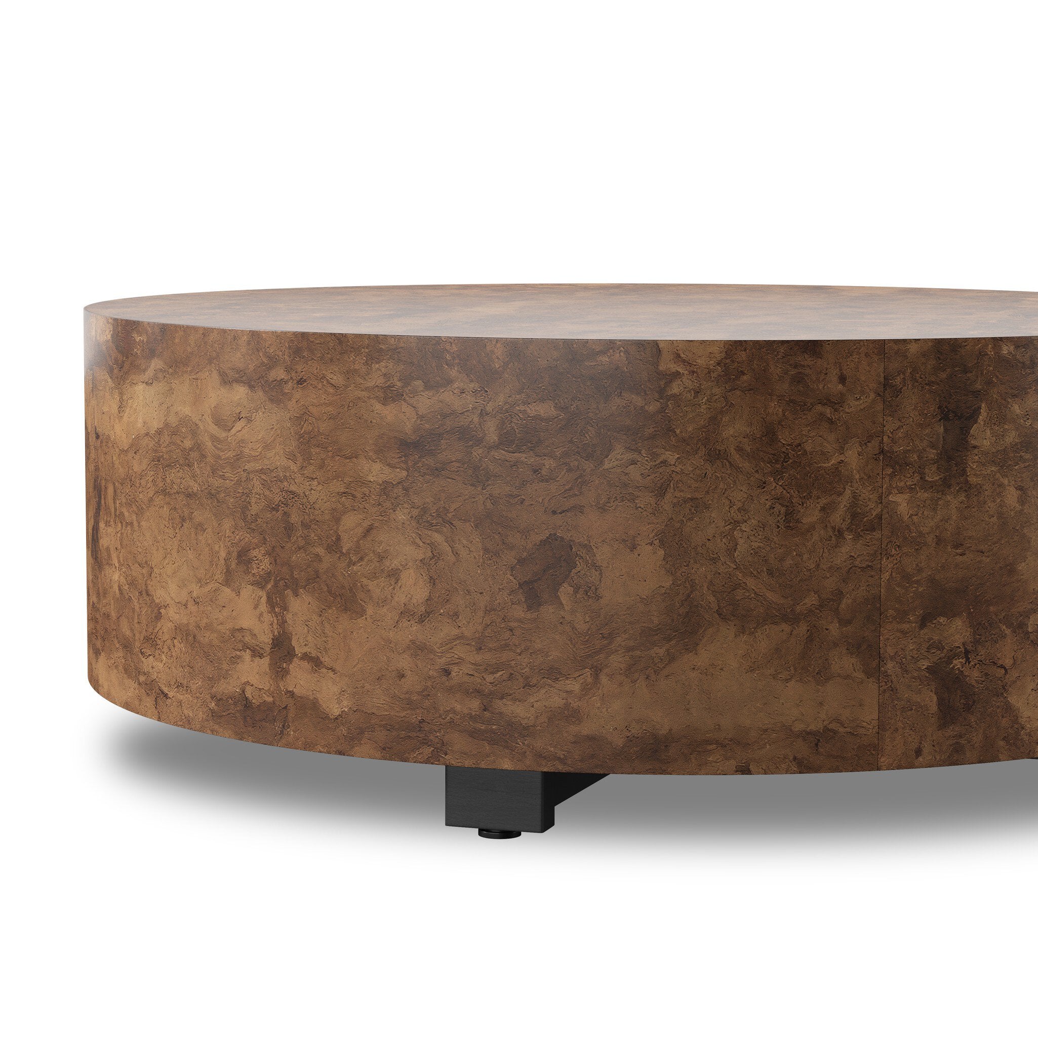 Four Hands Hudson Round Coffee Table — Dark Bark Paper-Black Pine-Smoked Oak Veneer