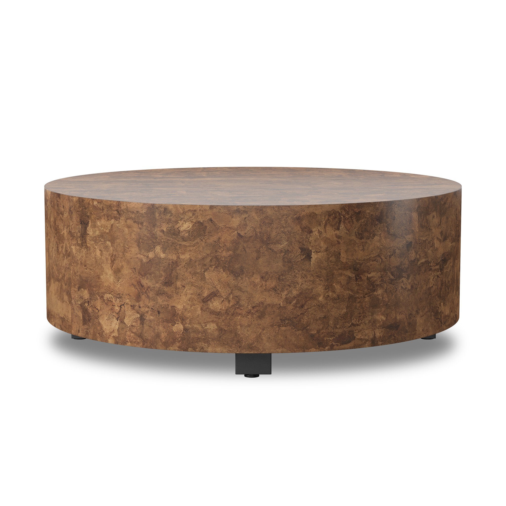 Four Hands Hudson Round Coffee Table — Dark Bark Paper-Black Pine-Smoked Oak Veneer