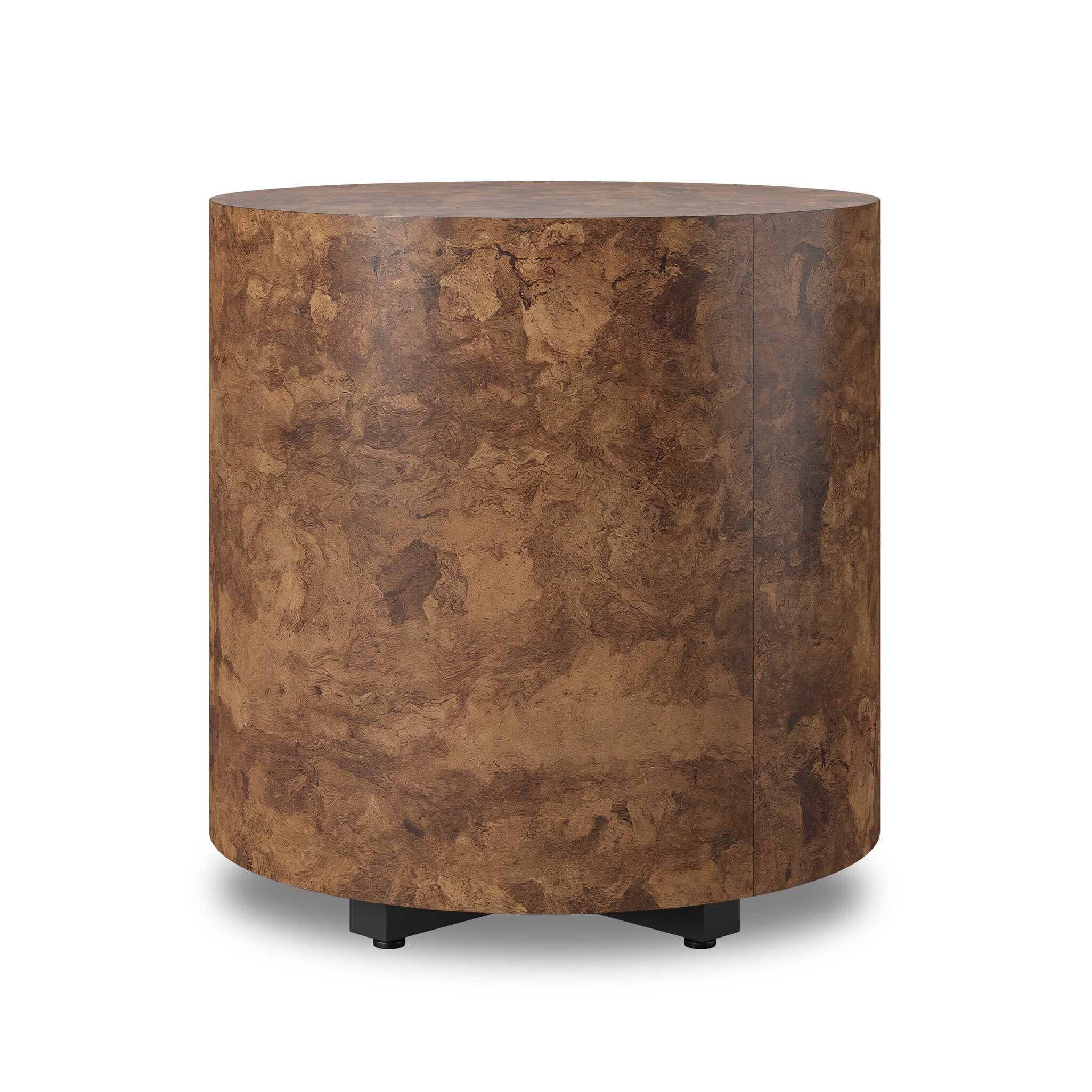 Four Hands Hudson Round End Table — Dark Bark Paper-Black Pine-Smoked Oak Veneer