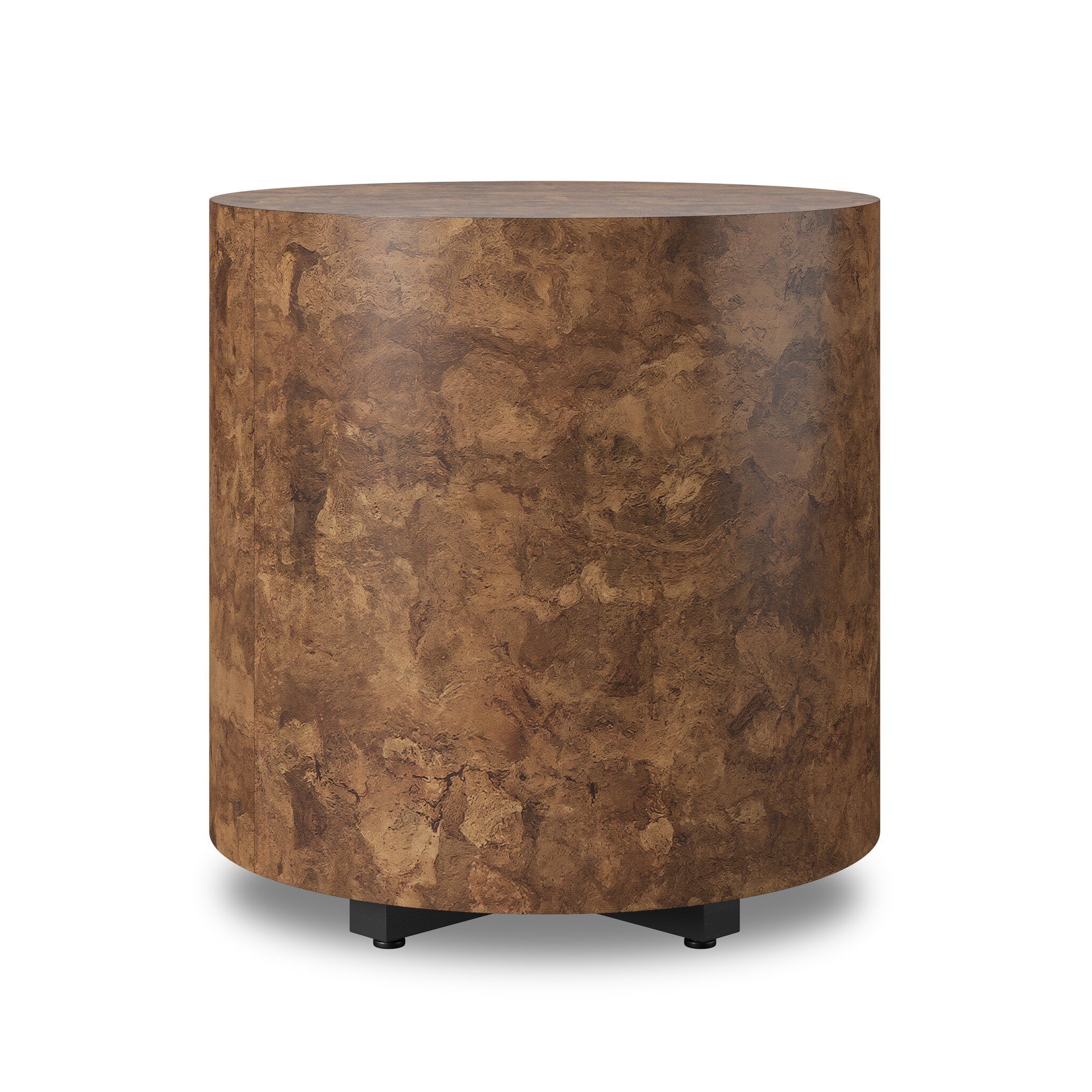 Four Hands Hudson Round End Table — Dark Bark Paper-Black Pine-Smoked Oak Veneer