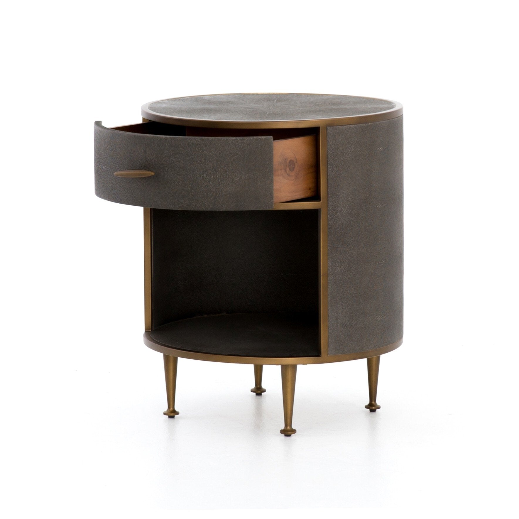 Four Hands Shagreen Round Nightstand — Grey Shagreen-Antique Brass