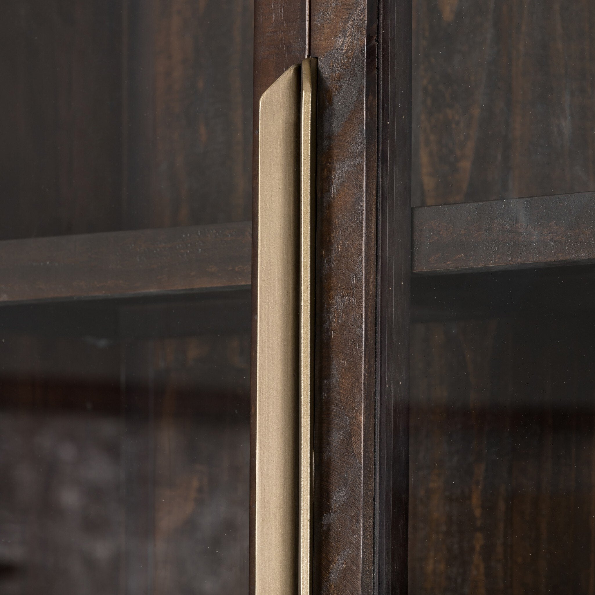 Four Hands Wyeth Cabinet — Dark Carbon-Antique Brass-Tempered Glass