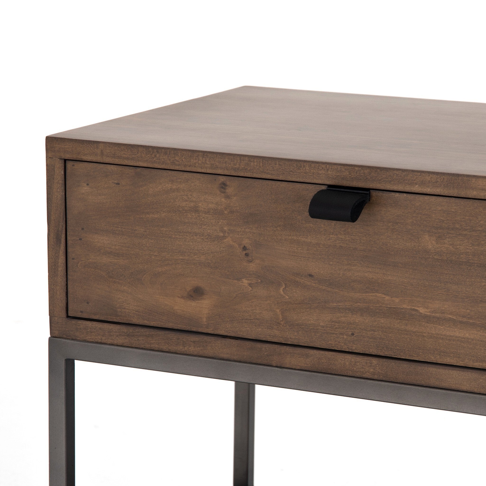Four Hands Trey Nightstand — Auburn Poplar-Natural Iron-Black Leather