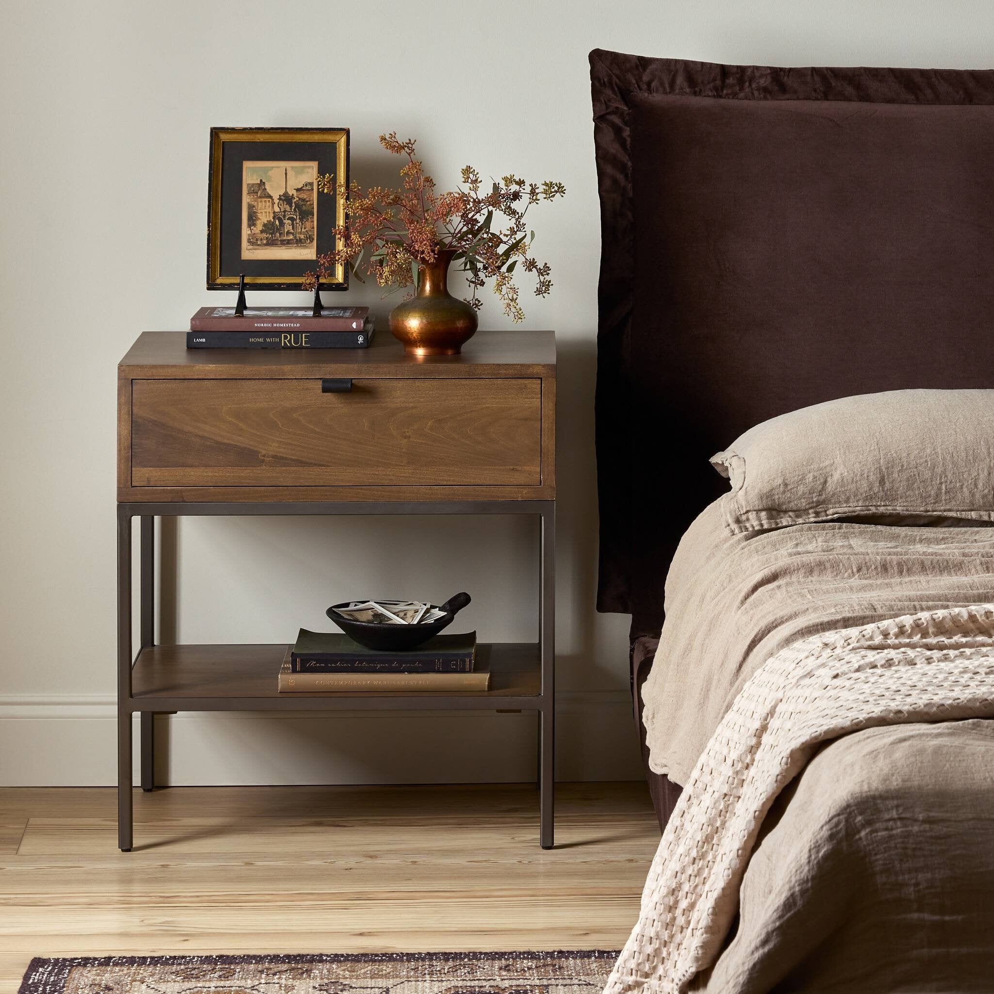 Four Hands Trey Nightstand — Auburn Poplar-Natural Iron-Black Leather