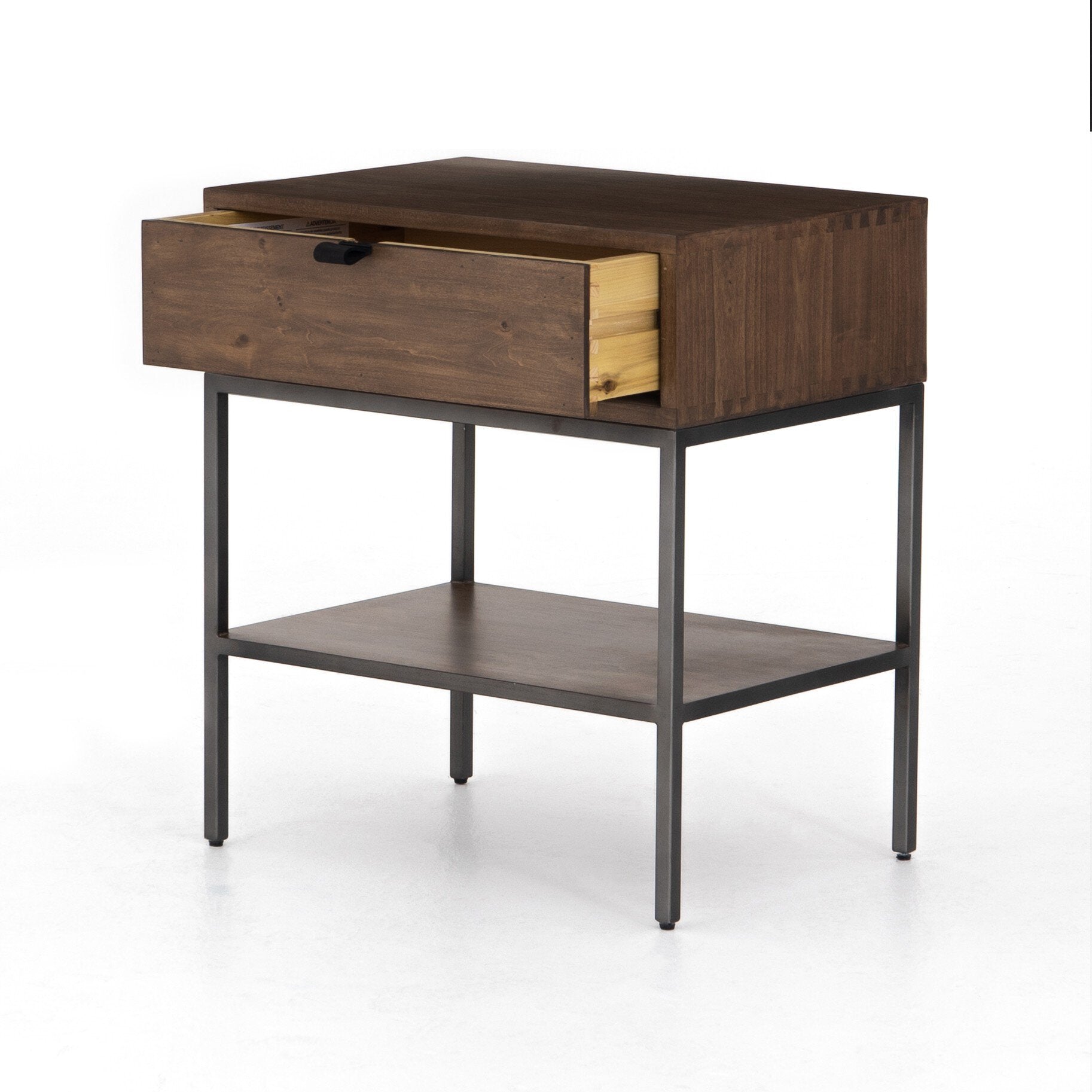 Four Hands Trey Nightstand — Auburn Poplar-Natural Iron-Black Leather