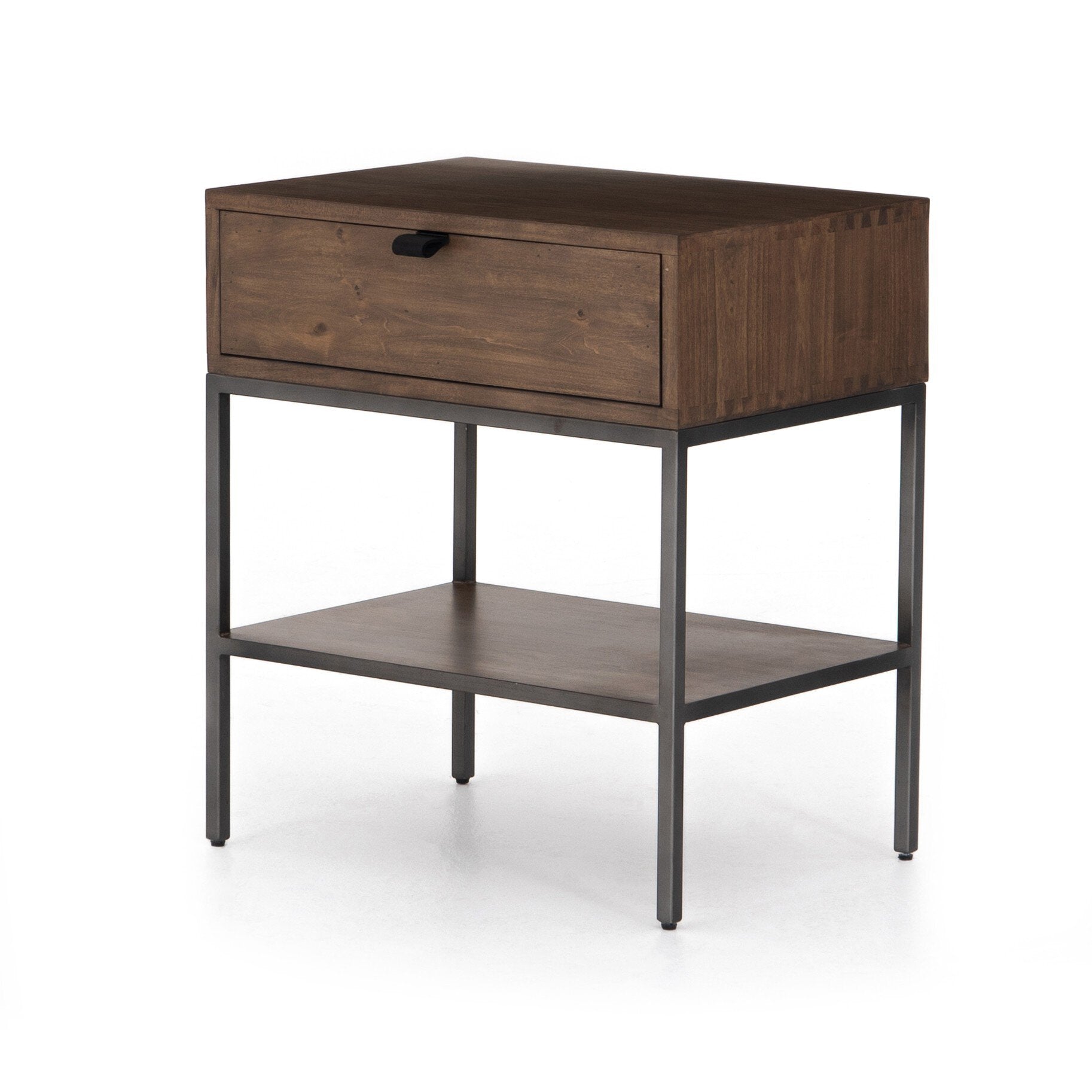 Four Hands Trey Nightstand — Auburn Poplar-Natural Iron-Black Leather