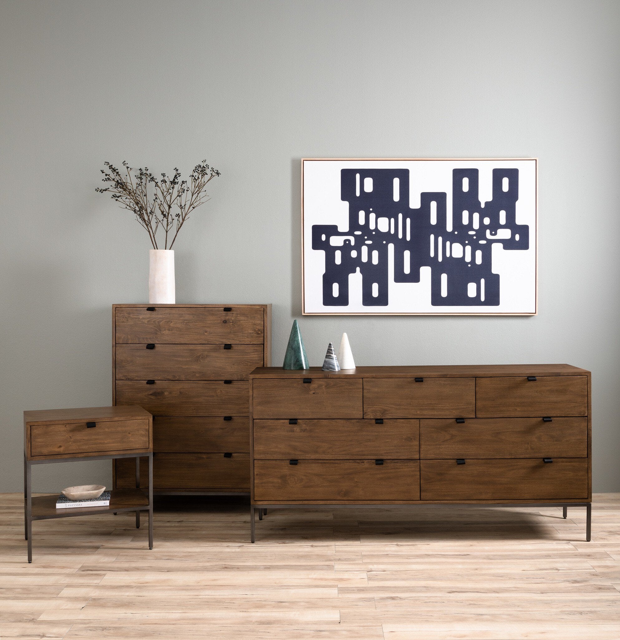 Four Hands Trey Nightstand — Auburn Poplar-Natural Iron-Black Leather
