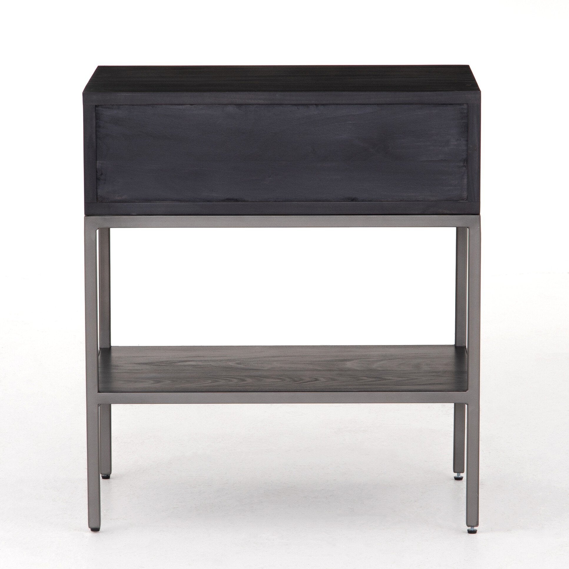 Four Hands Trey Nightstand — Black Wash Poplar-Natural Iron-Toffee Leather
