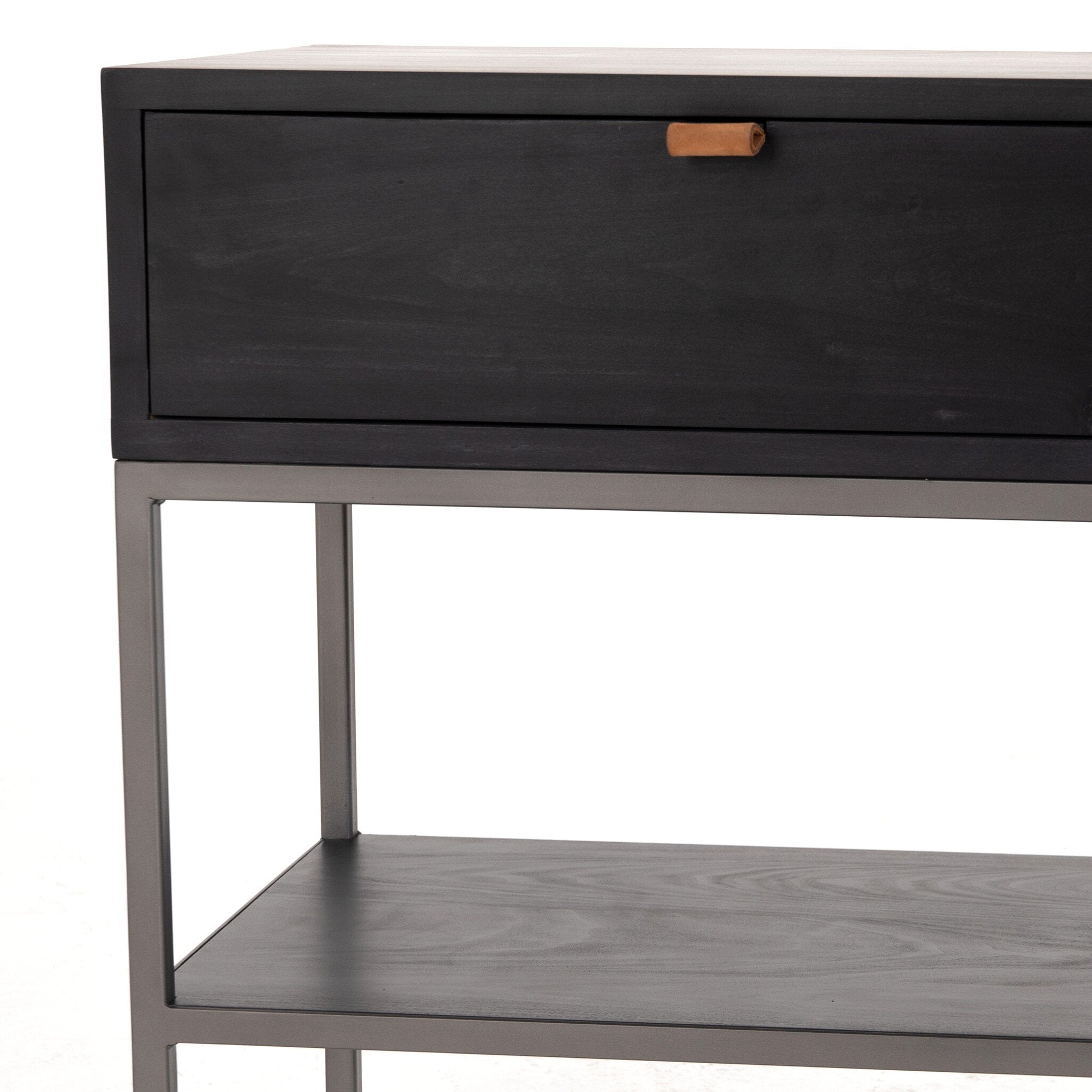 Four Hands Trey Nightstand — Black Wash Poplar-Natural Iron-Toffee Leather