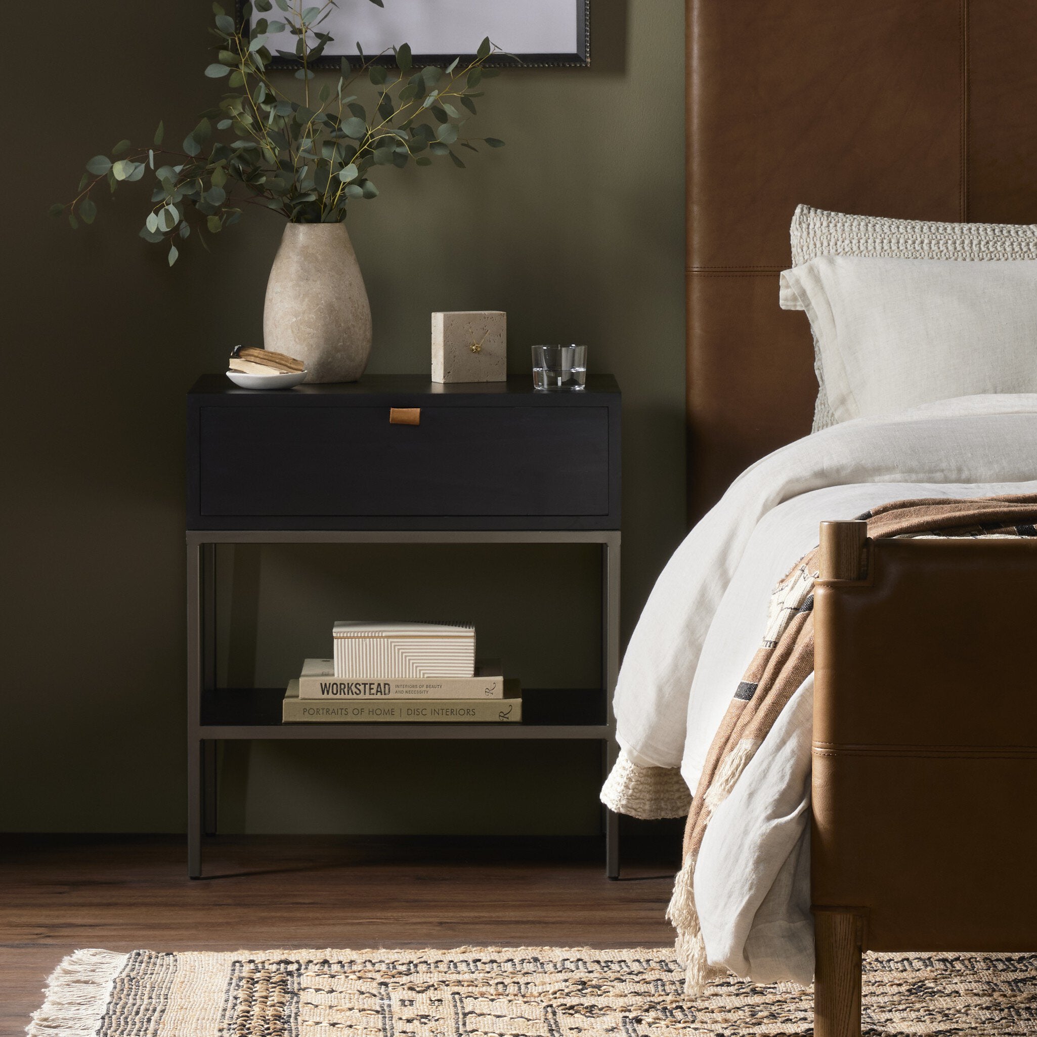 Four Hands Trey Nightstand — Black Wash Poplar-Natural Iron-Toffee Leather