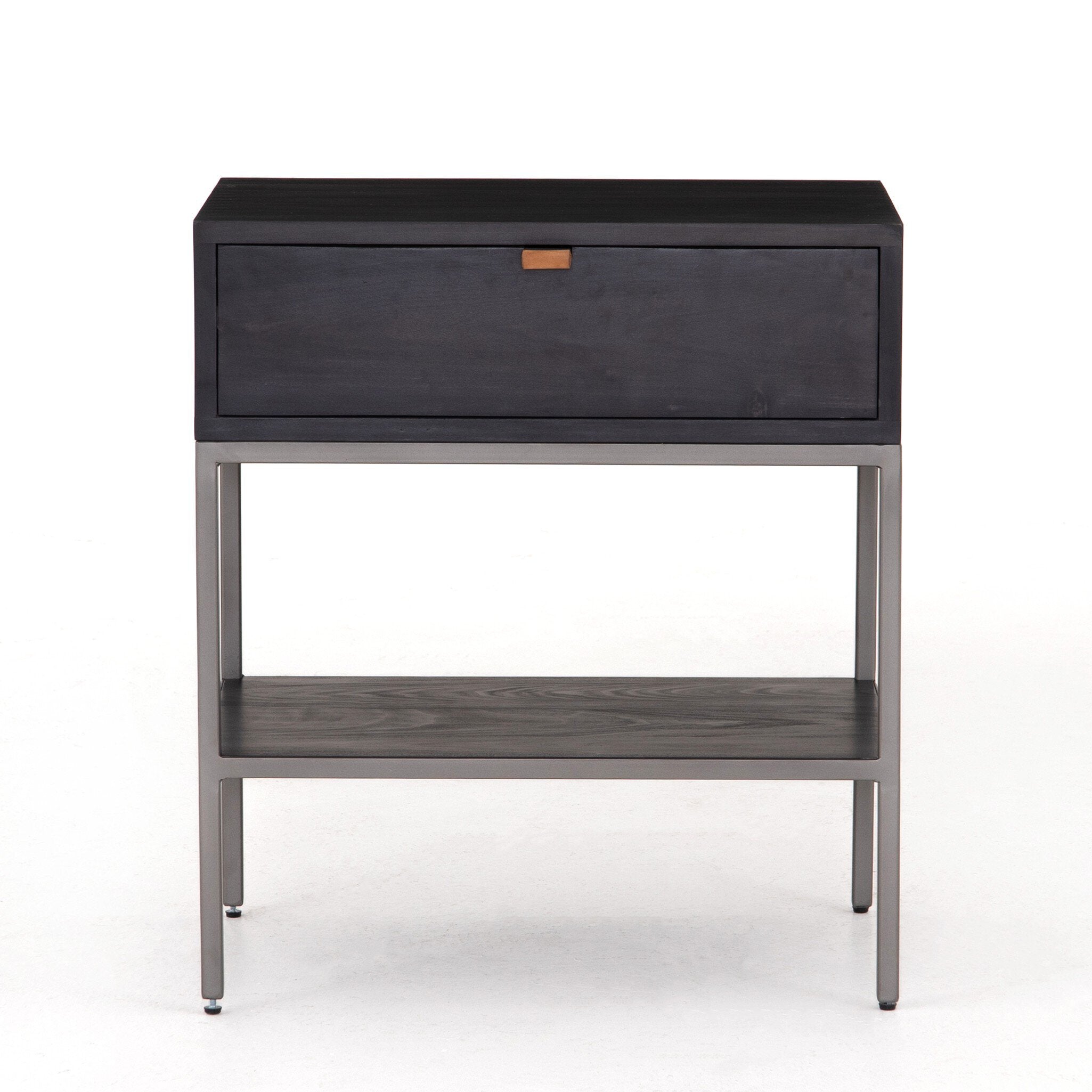 Four Hands Trey Nightstand — Black Wash Poplar-Natural Iron-Toffee Leather