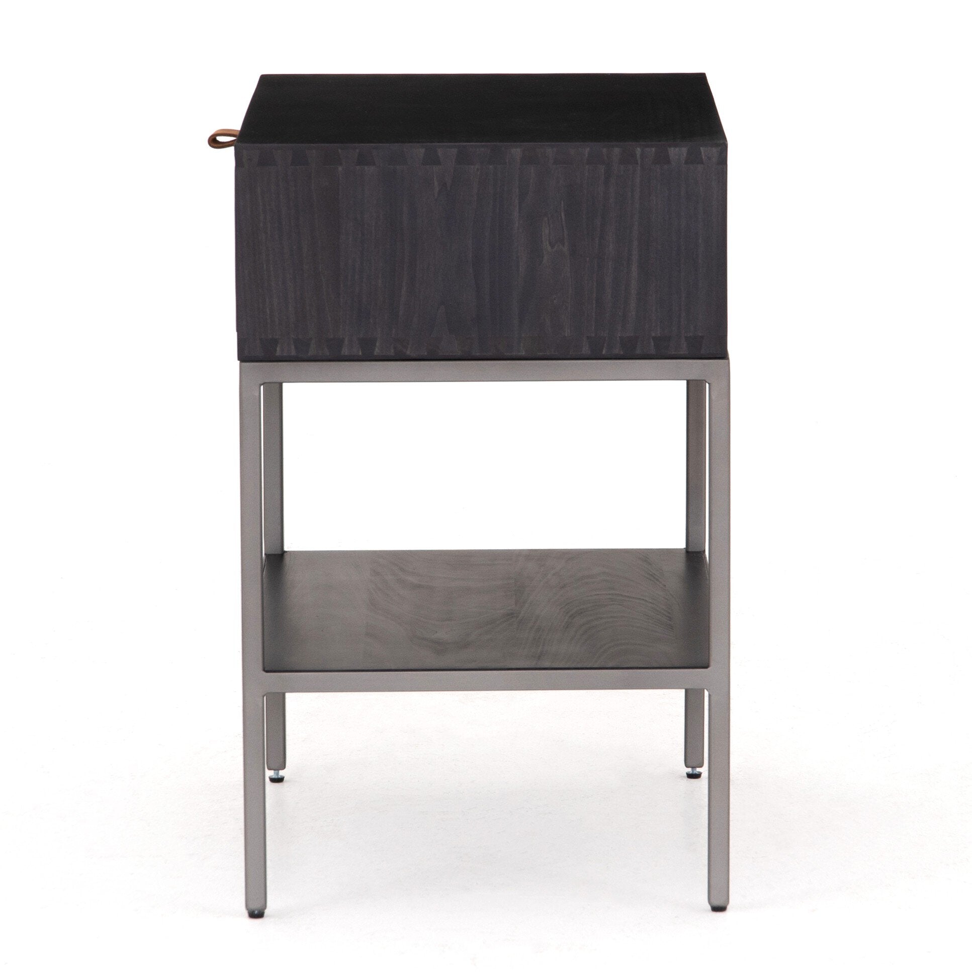 Four Hands Trey Nightstand — Black Wash Poplar-Natural Iron-Toffee Leather