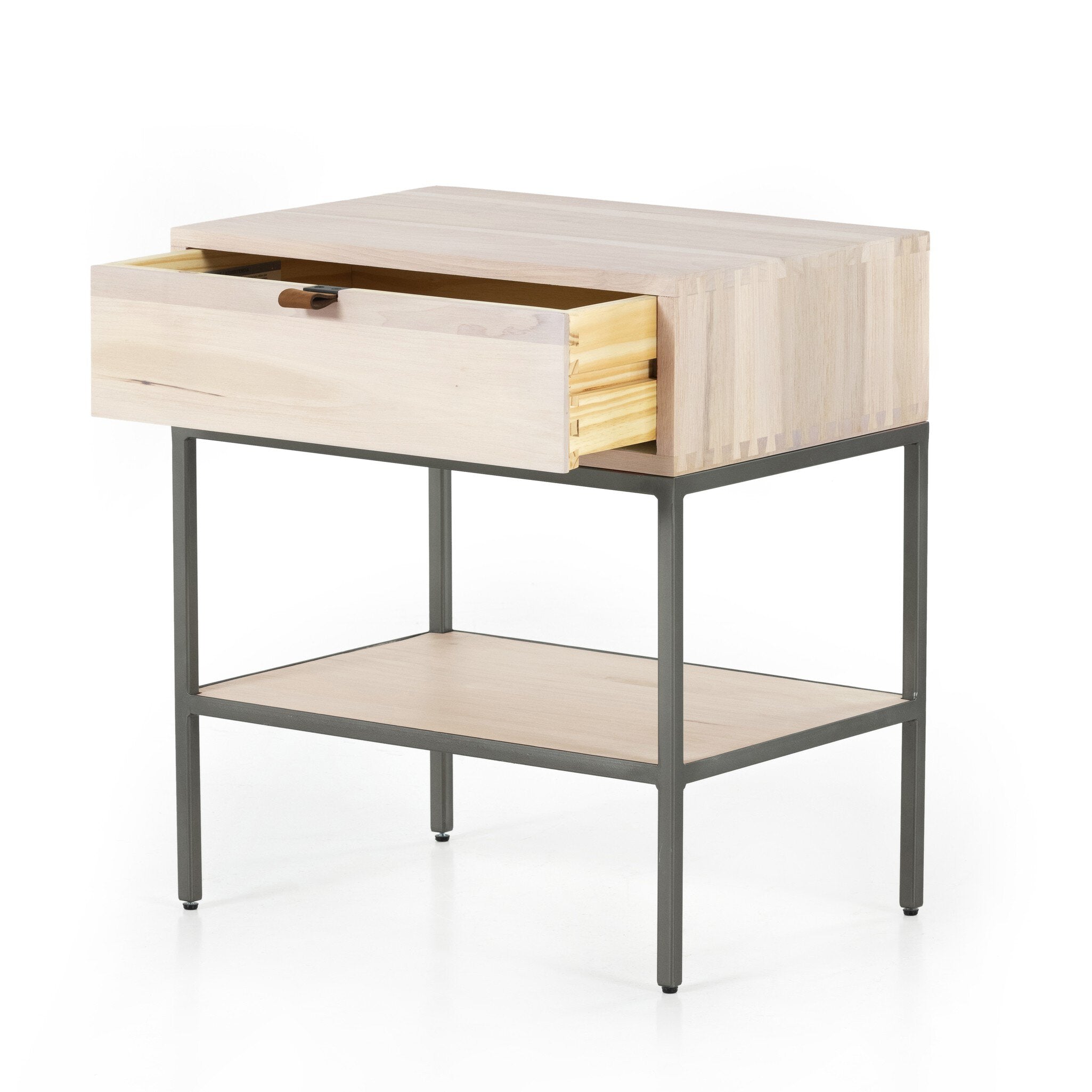 Four Hands Trey Nightstand — Dove Poplar-Natural Iron-Toffee Leather