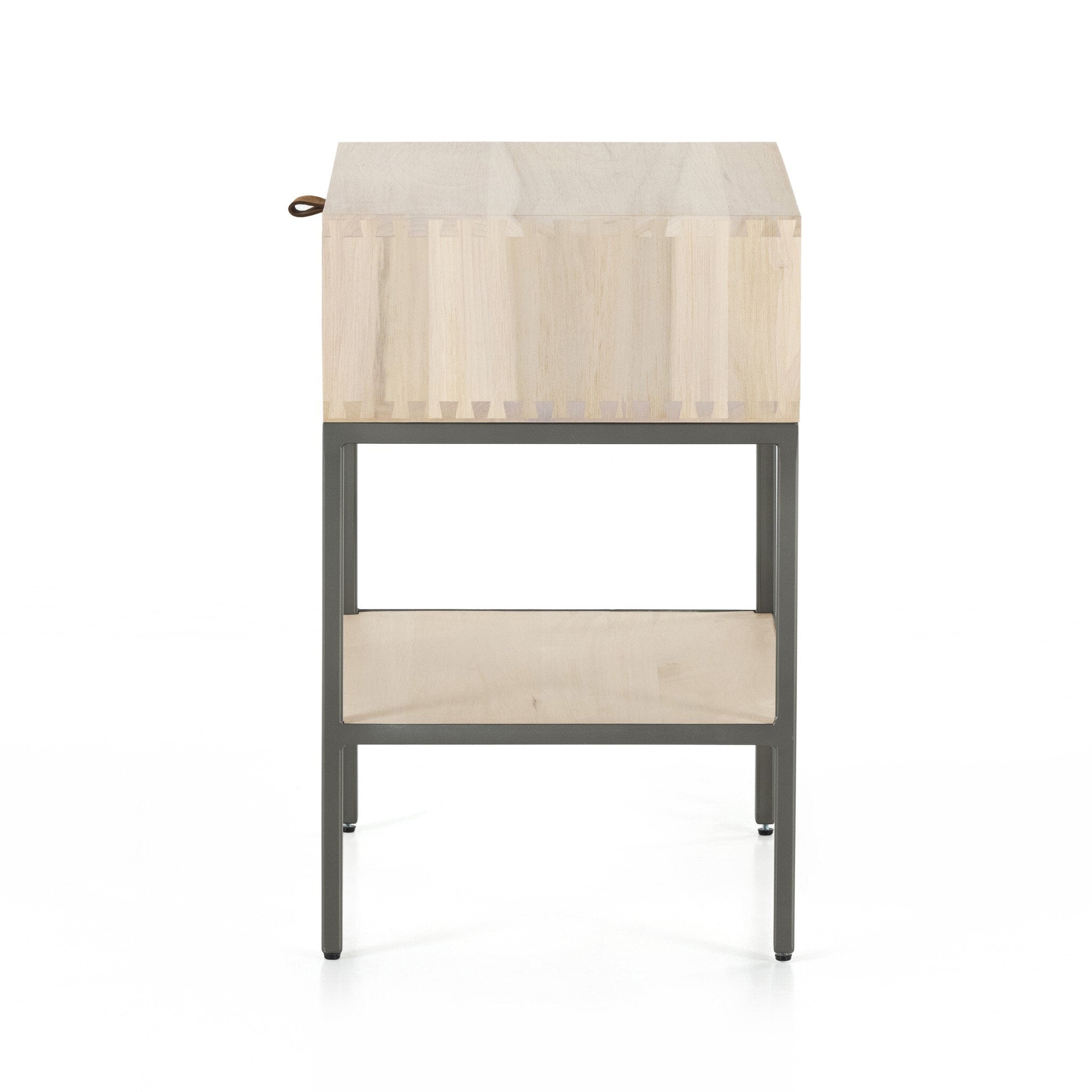 Four Hands Trey Nightstand — Dove Poplar-Natural Iron-Toffee Leather