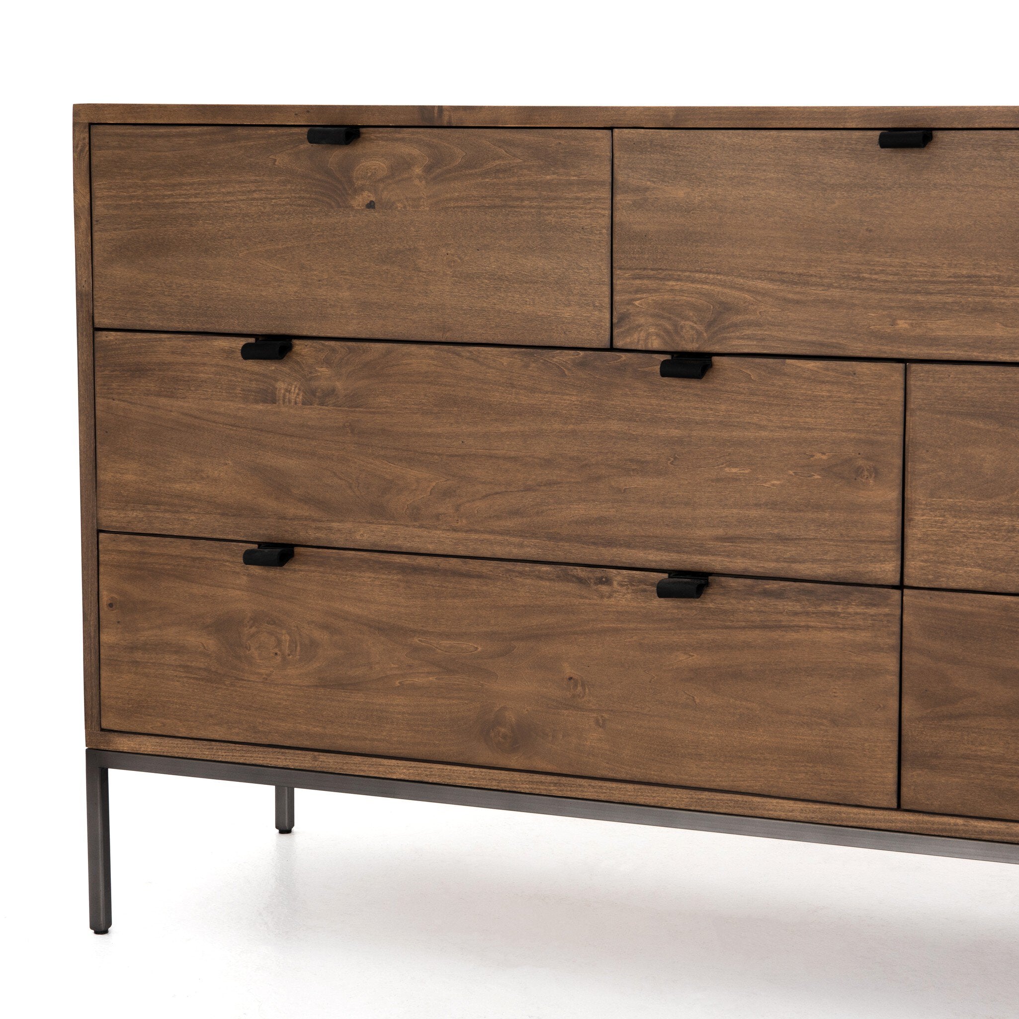 Four Hands Trey 7 Drawer Dresser — Auburn Poplar-Natural Iron-Black Leather