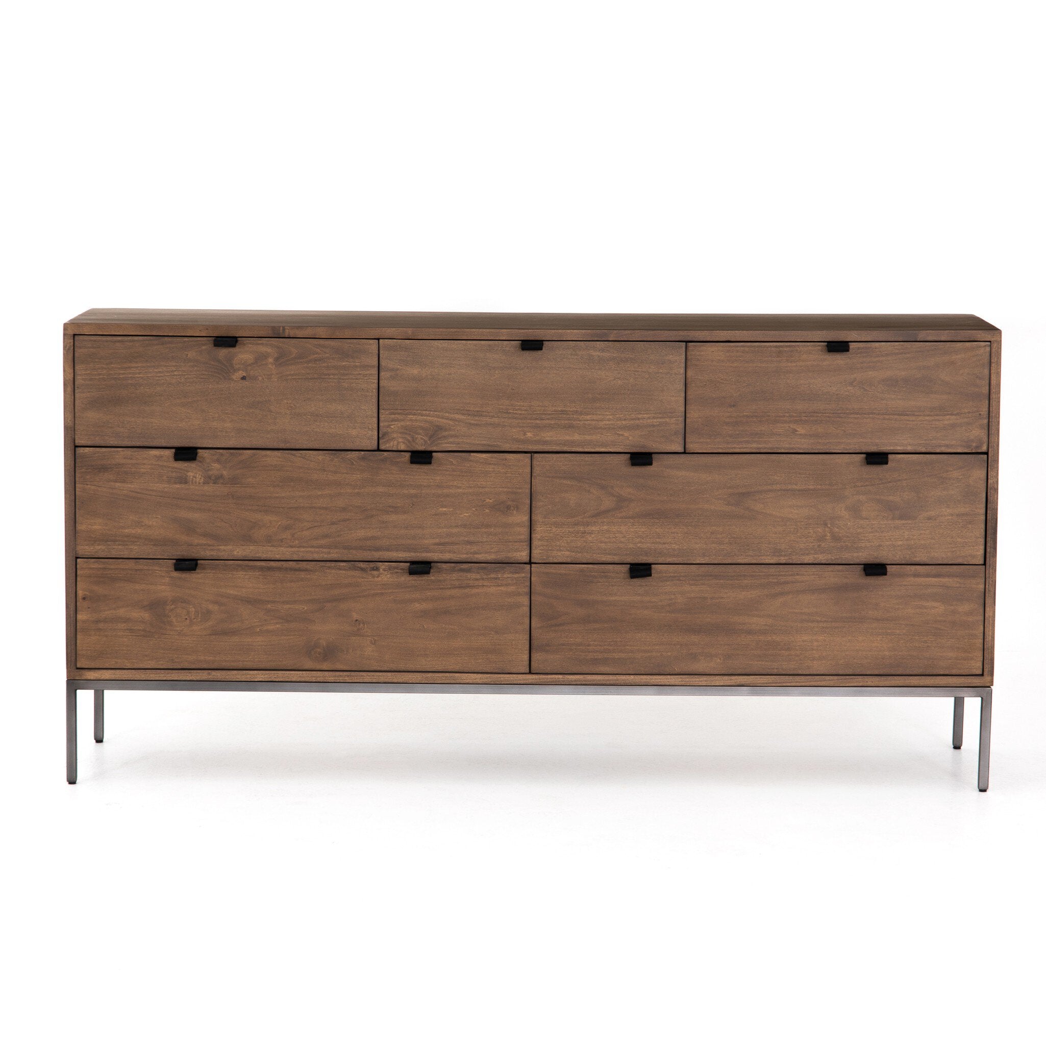 Four Hands Trey 7 Drawer Dresser — Auburn Poplar-Natural Iron-Black Leather